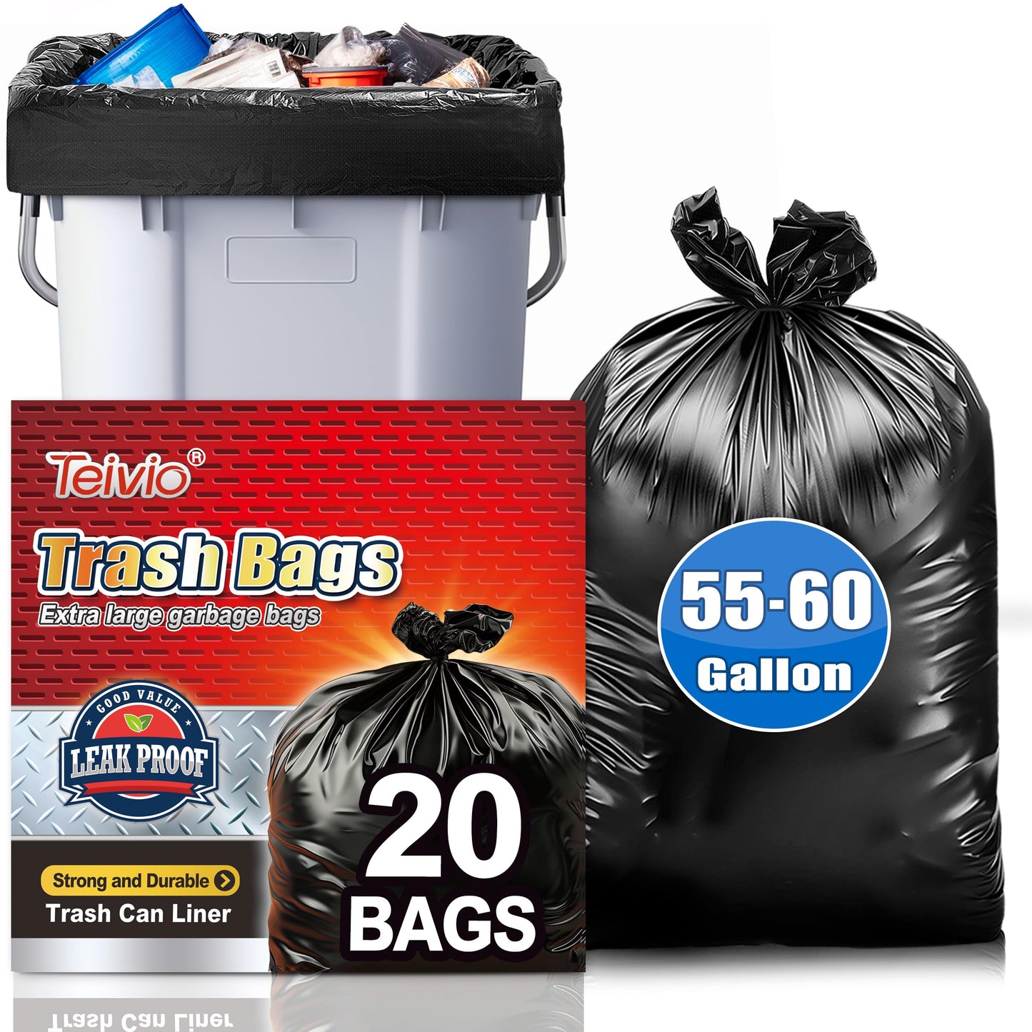 Teivio Trash Bags, 40-45 Gallon, 300 Count, Black, for Bathroom, Office, Industrial, Commercial, Janitorial, Municipal, Recycling