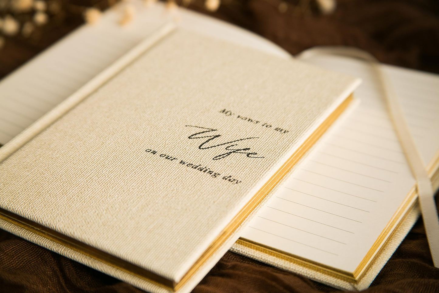 MUUJEE Hard Cover Vow Books (Set of 2) - Cream Canvas Linen Foil Embossed Wedding Ceremony Vow Renewal Speech Books, Couple Gifts for Engagement (to My Husband/Wife)