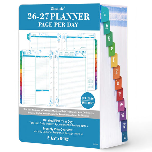 2026-2027 Planner Refills – July 2026 - June 2027, Daily Planner Refills 2026-2027, Two Pages Per Day Daily & Monthly Planner Inserts, 8.38" x 5.51", Ring-Bound with Tabs