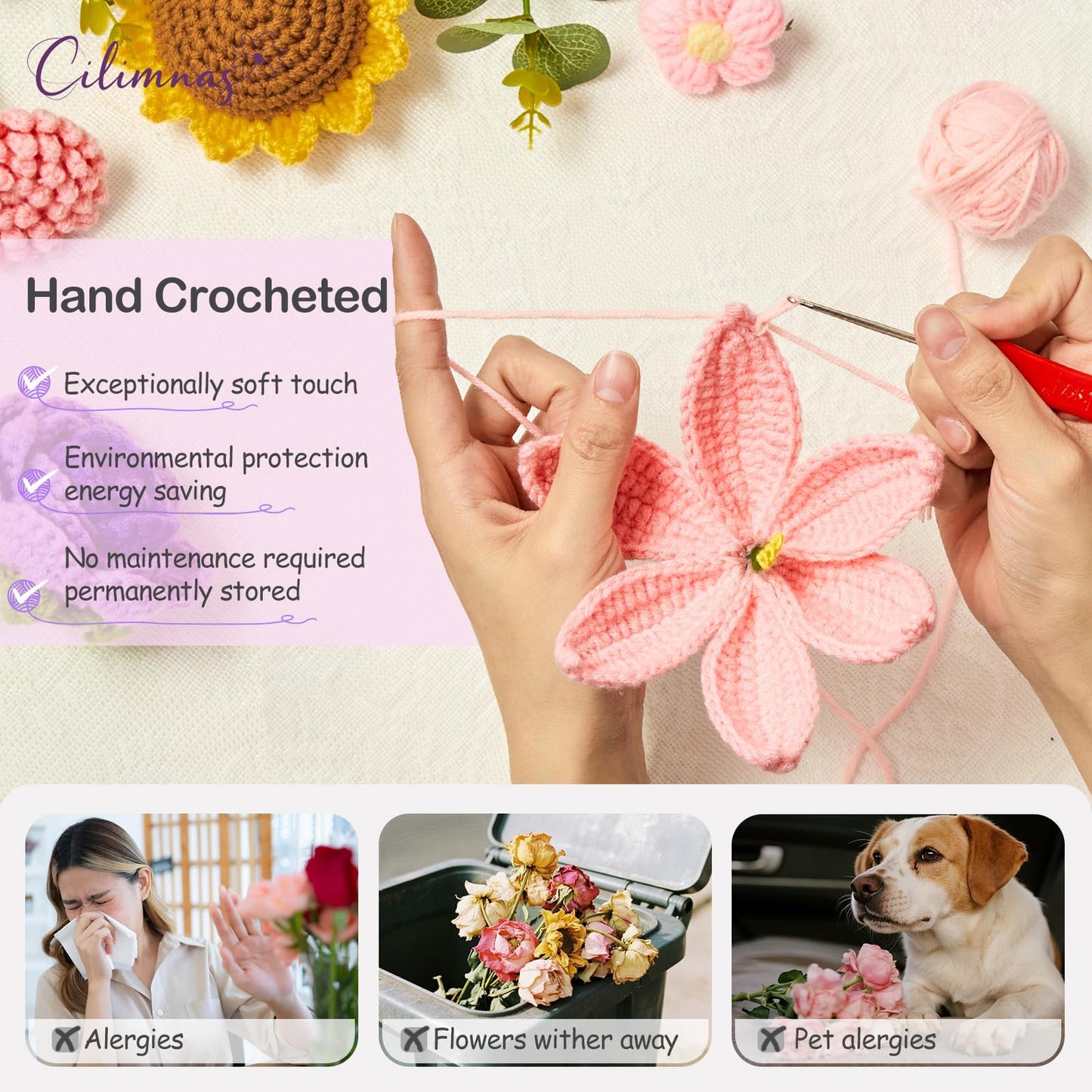 Cilimnas Crochet Flower Bouquet,Pink&Purple Knitted Flowers, Handmade Lily Sunflowers Roses Bouquet for Birthday Anniversary Party Mother's Day Graduation Gifts