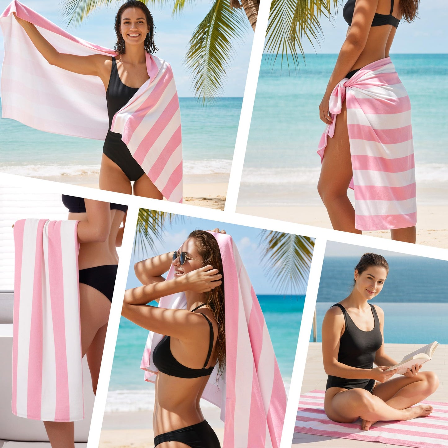 Touchat 4 Pack Beach Towels Oversized 30'' x 60'' Microfiber Pool Swim Bath Camping Travel Cabana Stripe Quick-Dry Super Absorbent Lightweight Sand Free Towel for Adults, Multi-Functional，Pink