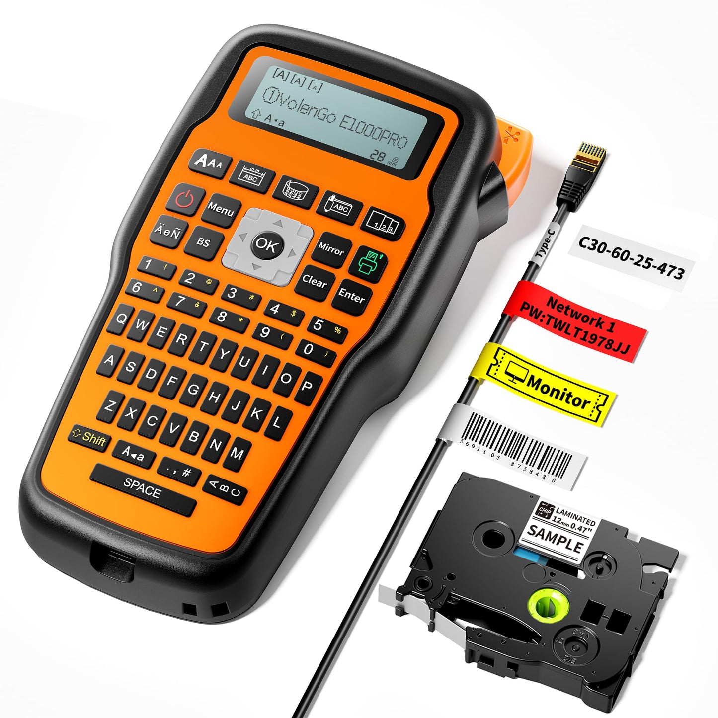 VolenGo Label Maker Machine with-Tape, Heat Shrink Label Maker Waterproof-Labels, Wire Cable label Maker, E1000 Labeler Machine with-Tape 12mm Laminated Handheld Labeling Machine for Industrial Office