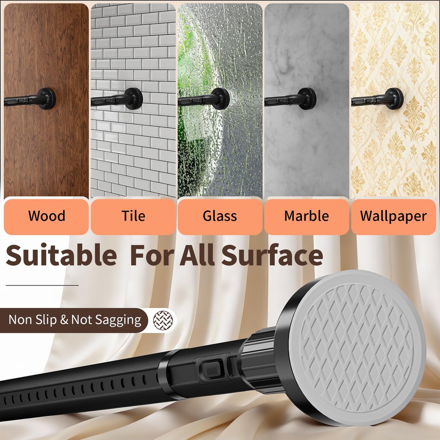 Tension Curtain Rod 41-173In, Outdoor Extra Long Curtain Rod No Drilling for Window or Bathroom Patio, Adjustable Heavy Duty Shower Curtain Rod, Easy to Install, Never Rust, Non-Slip-Black