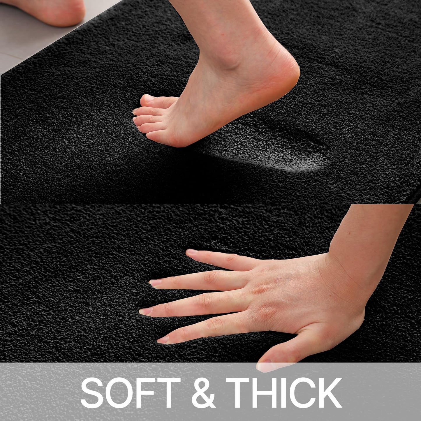 HOMEIDEAS Upgraded Bathroom Rugs Set 3 Piece, Extra Thick Absorbent Soft Memory Foam, Washable Toilet Bath Mat (Black,17"x24"+20"x32"+U Shape 20"x24")