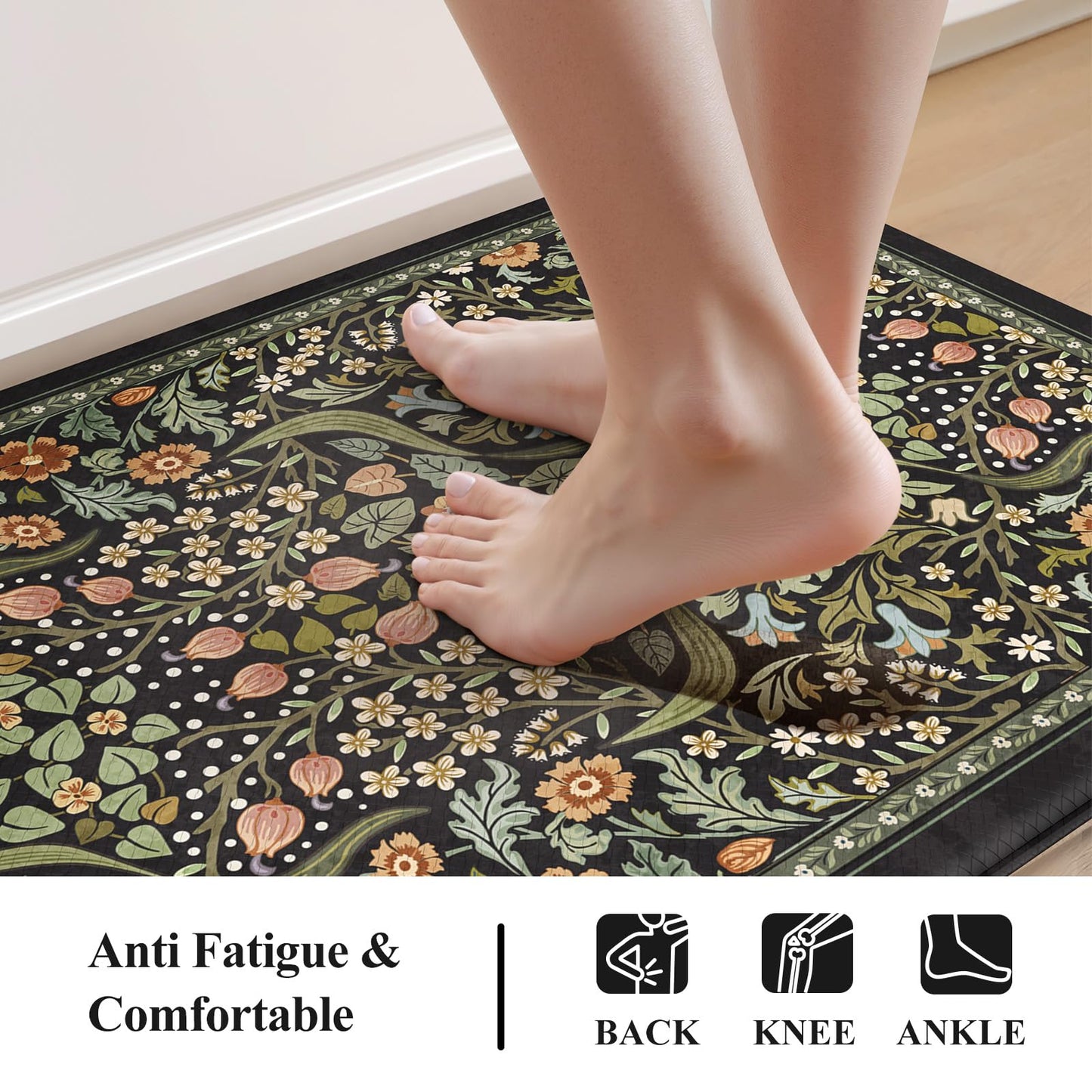 Collive Kitchen Floor Mat Cushioned Anti Fatigue, Boho Floral Desk Mats Non Skid Waterproof Kitchen Sink Rugs Sets of 2, Memory Foam Comfort Standing Carpet for Office, 20" x 47" + 20" x 32", Black