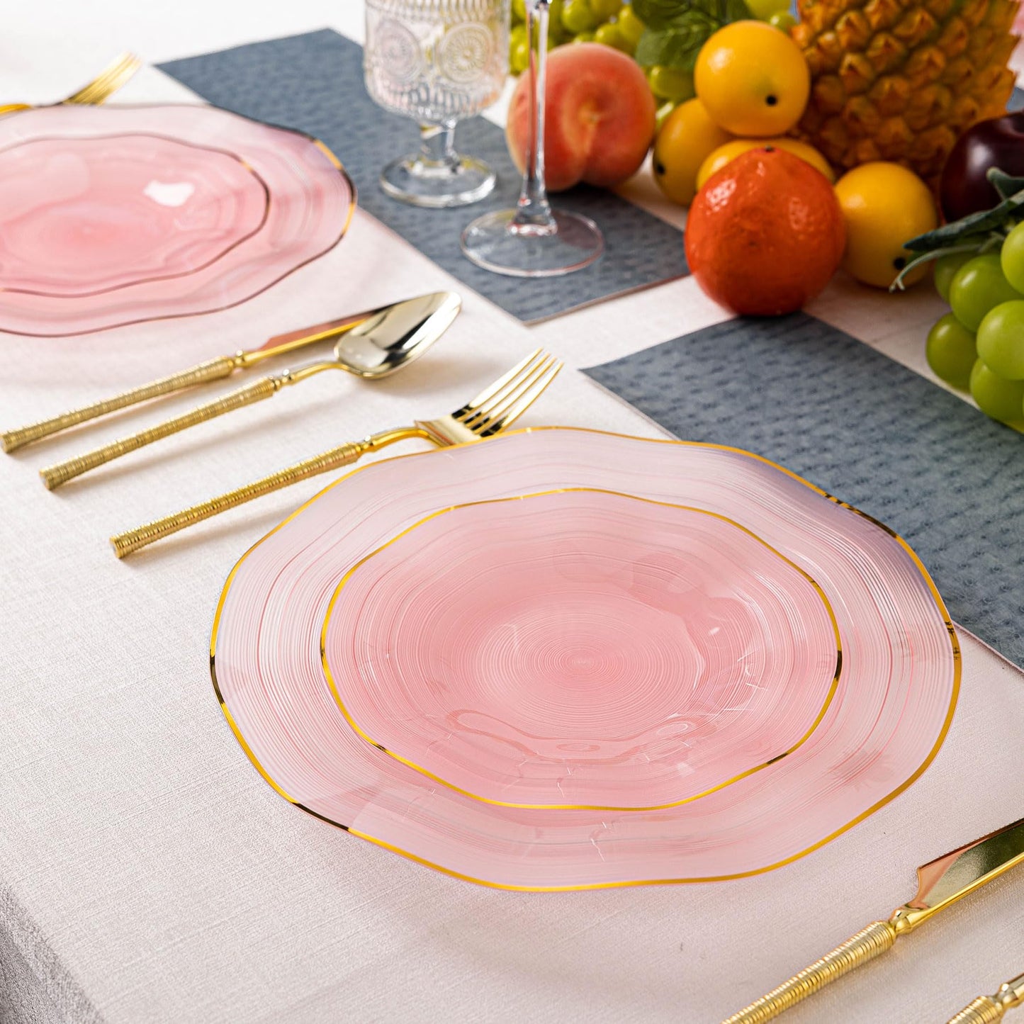 Pryntono 120PCS Pink Plastic Plates with Gold Rim, Heavy Duty Disposable Plates, Elegant and Fancy 60 Dinner and 60 Dessert Plates for Party and Wedding