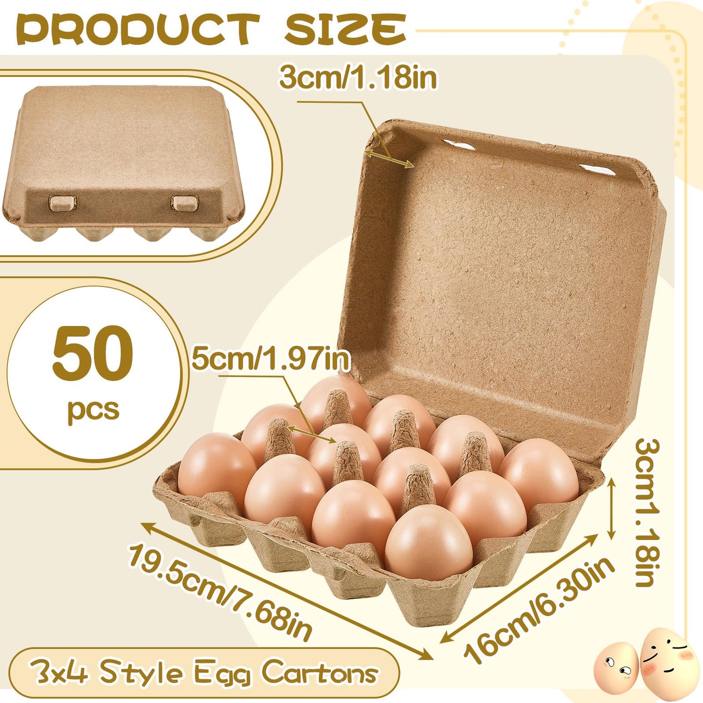 Rtteri 50 Pcs Egg Cartons Bulk 3x4 Style Egg Storage Containers Holder for Fresh Duck Quail Storage Kitchen Family Farmhouse (Natural Color)