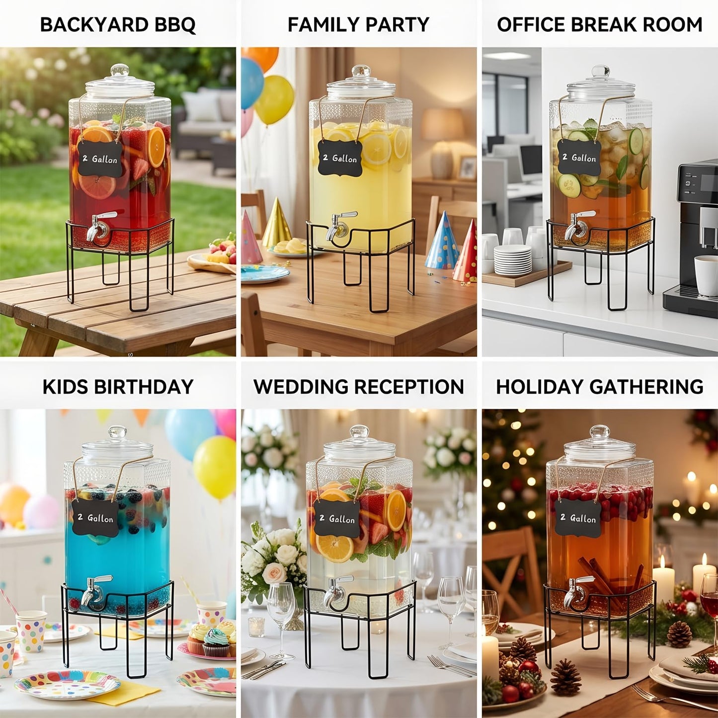 2 Gallon Glass Drink Dispenser, Drink Dispensers for Parties, Beverage Dispenser with Stand and Glass Lid, 100% Leakproof Spigot, Ideal for Lemonade, Juice, Laundry Detergent Dispenser