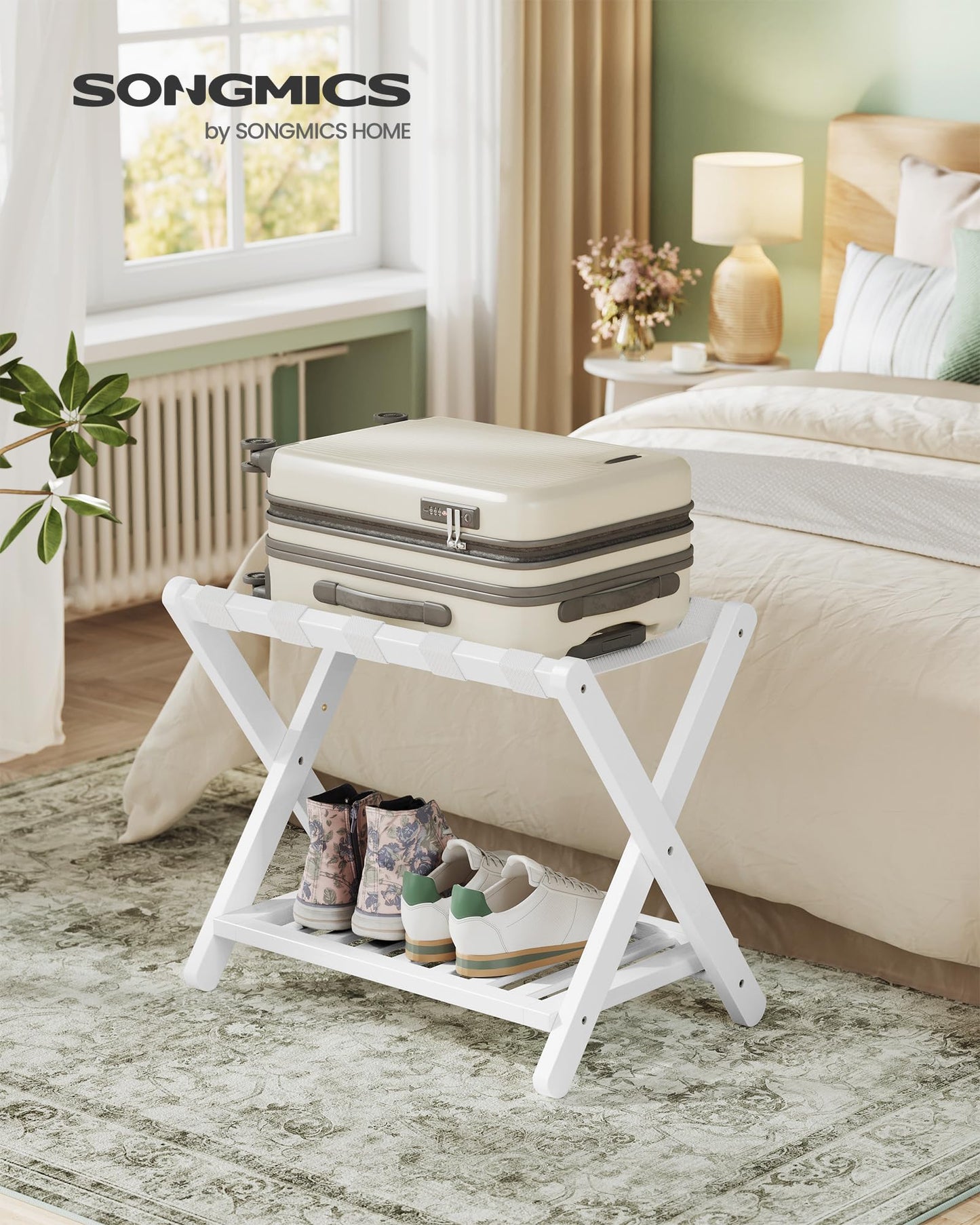 SONGMICS Solid Wood Luggage Rack, No Assembly Required, Foldable Suitcase Stand, Luggage Holder, with Storage Shelf, for Guest Room, Hotel, Bedroom, Cloud White URLR020W02