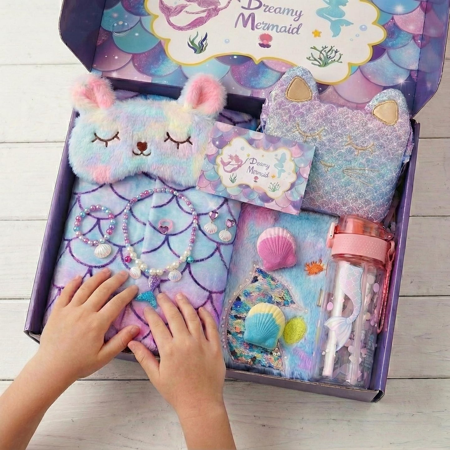 Mermaid Gifts for Girls 4-10 Year Old, 8Pc Gift Box with Mermaid Tail Blanket, Jewelry, Kids Purse, water bottle & Notebook, Birthday Toys for 4-6 8-10 Year Old Girl, Safe Non-Toxic Stationery Set