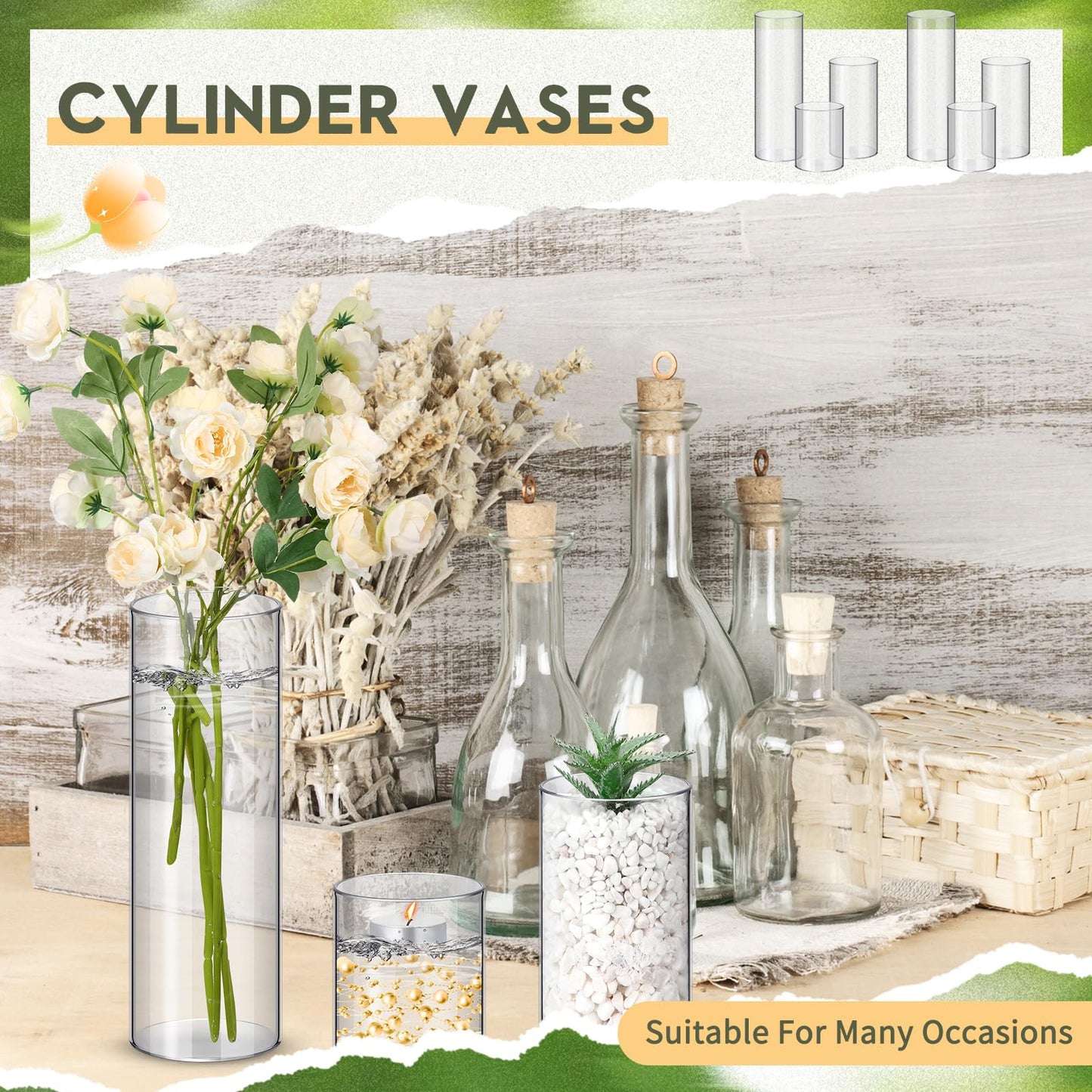 Nuogo 24 Pcs Plastic Cylinder Vases Tall Plastic Flower Vases for Centerpieces Hurricane Candle Holder for Home Wedding Office Party Formal Dinners Decorations (4''/6''/8'')