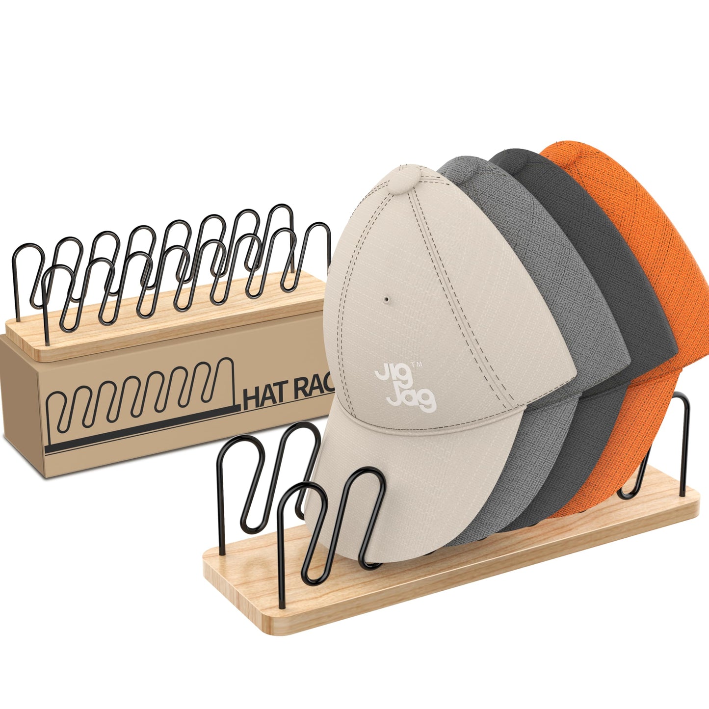 JigJag Hat Organizer for Baseball Caps 2 Pack, Premium Wood and Metal Design Hat Storage for 14 Baseball Caps, Tabletop Hat Racks for Closet, Dresser, Entrance (2PCS)