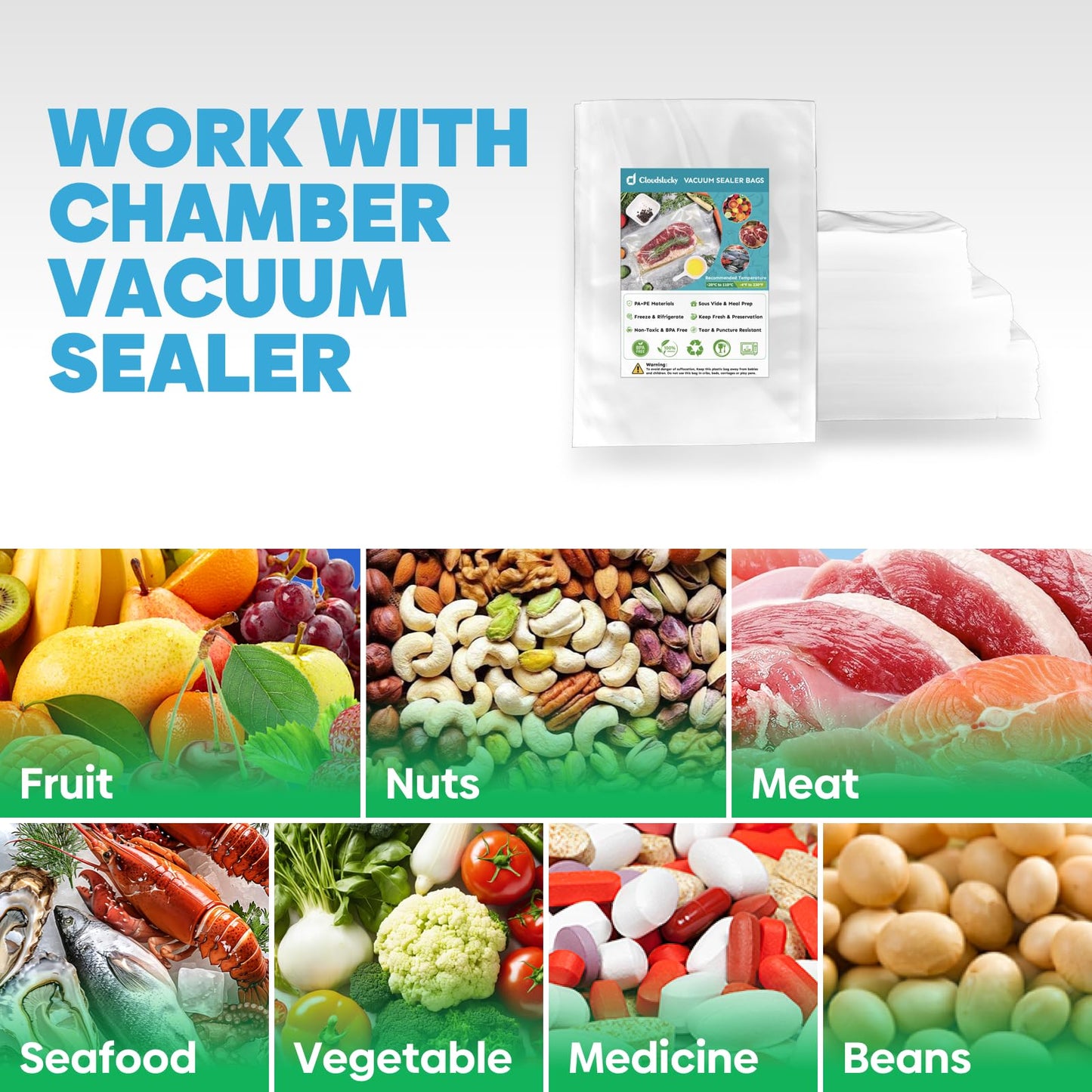 Cloudslucky Chamber Vacuum Sealer Bags,12"x14" 200 Pcs Pre-cut Chamber Machine Pouches,Heavy Duty Chamber Vacuum Bags for Commercial Sealer,Food Storage,Meal Prep,Sous Vide,Meat Cheese Goods, BPA Free