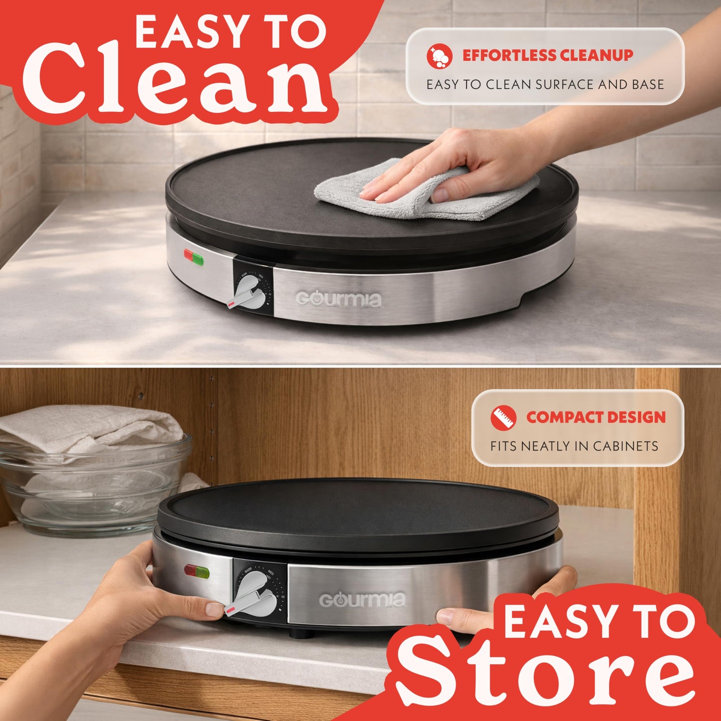Gourmia 12” Crepe Maker – Nonstick Electric Griddle for Pancakes, Omelets & More, Precise Temp Control with Indicator Lights, Includes Spatula & Batter Spreader, Quick Cleanup, Stainless Steel Trim