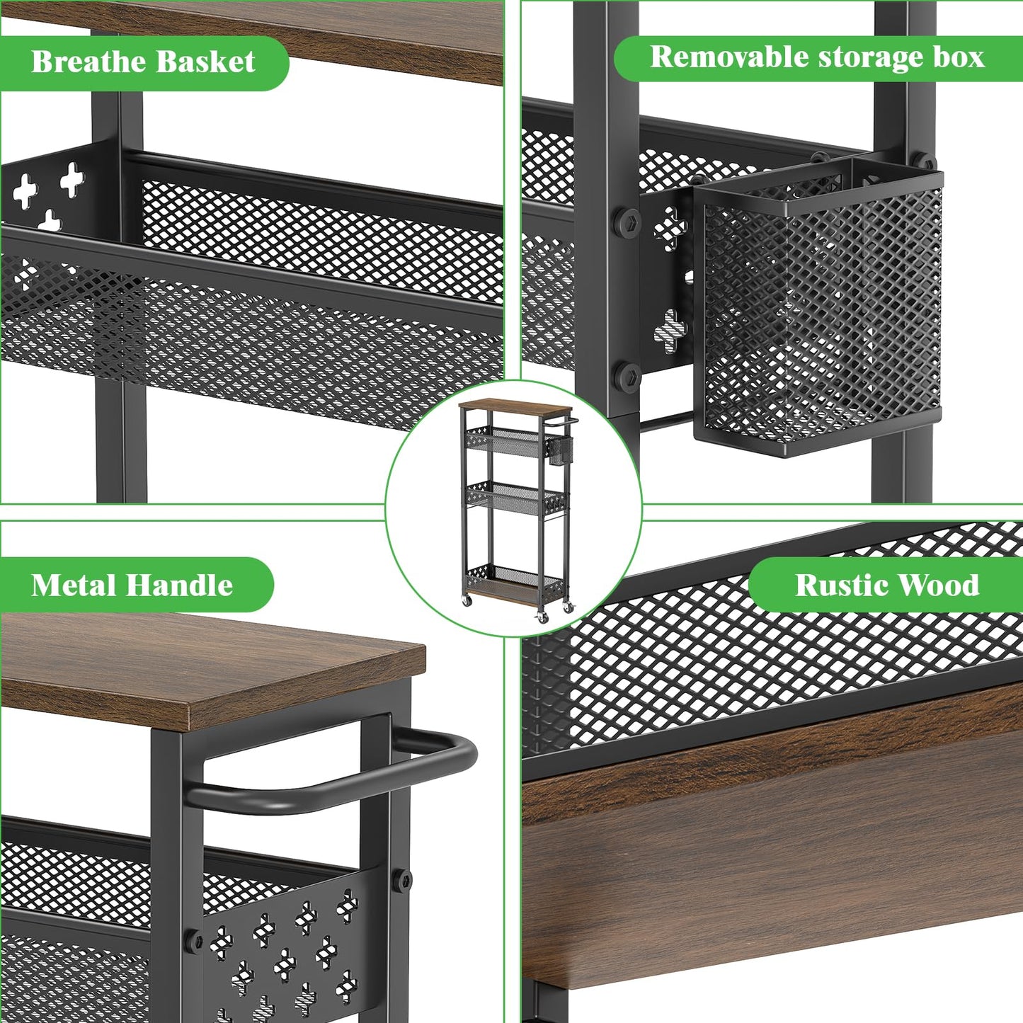 MJIMKE 4 Tier Slim Rolling Storage Cart, Laundry Room Cart on Wheels, Small Metal Bathroom Cart Kitchen Organizer Trolley with Handle and Mesh Basket, 7.1 inch Width for Narrow Space, Black