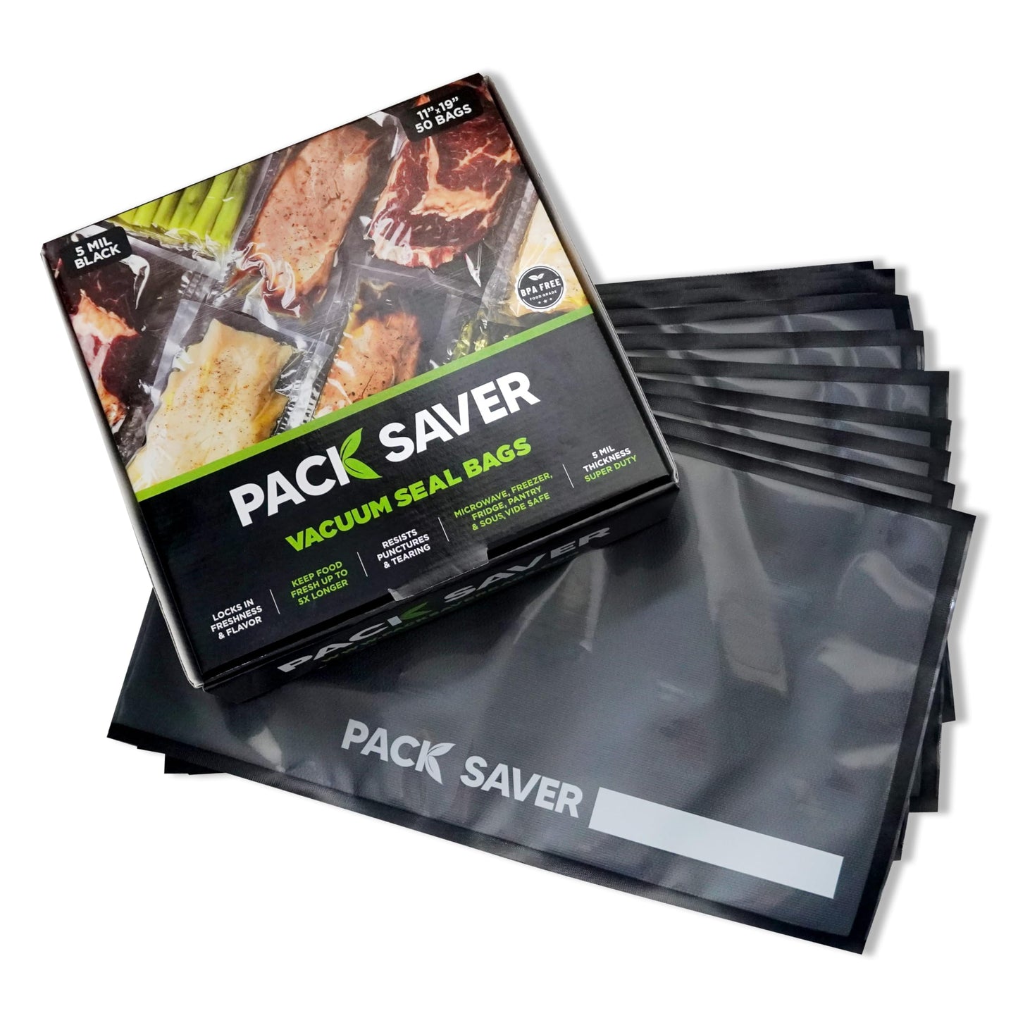 Pack Saver Vacuum Sealer Bags 50 Pack - 11"x19" Heavy Duty Pre-Cut Food Storage Bags for Food Saver, Meal Prep, Sous Vide - Commercial Grade BPA Free (Clear & Black)