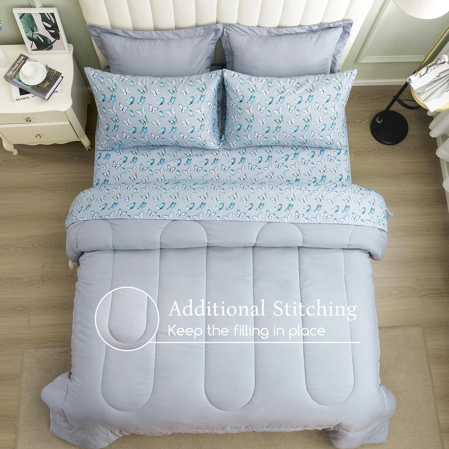 ARTALL Queen Bed in a Bag 7 Pieces, Light Gray Solid Comforter with Cute Colorful Butterfly Sheet Set, Soft Reversible Bedding Sets with Comforter, Sheets, Pillowcases & Shams for All Seasons