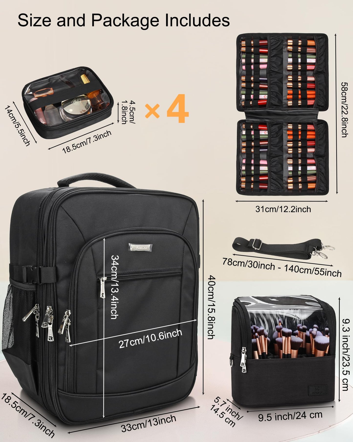 Makeup Backpack Makeup Artist Bag Professional Extra Large Cosmetic Bags Travel Train Case Storage Organizer Double-Layer Cosmetic Case with 4 Pouch and Brush Organizer (Black, two piece)