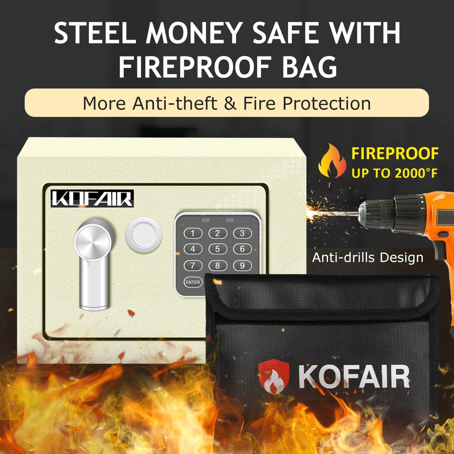 KOFAIR Safe Box for Home Safe (0.23 Cubic Feet) with Fireproof Bag, Personal Money Safey for Cash Saving, Mini Safey with Key, Digital Safety Box with Light, Money Lock Box (White)