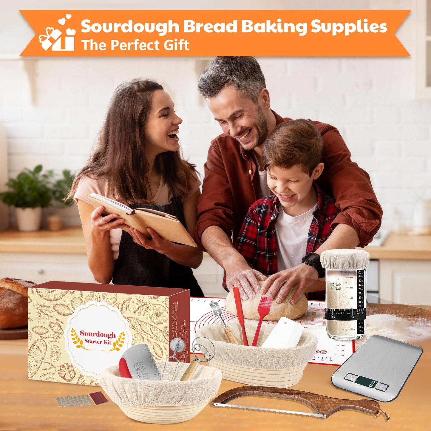 Sourdough Starter Kit with Scale, Banneton Bread Proofing Basket, Sour Dough Starter Jar, Complete Sourdough Bread Baking Supplies Tools, Full Sourdough Bread Making Tool, Gift Set for Bakers Beginner