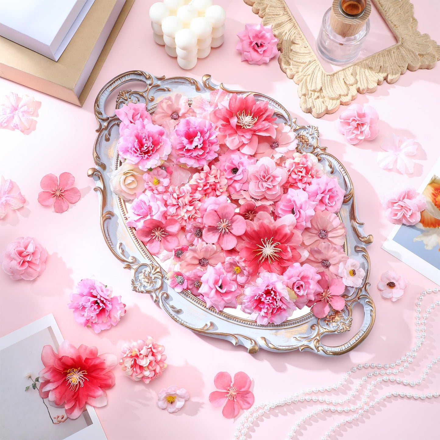 Geosar 120 Pcs Artificial Flowers Bulk Mini Silk Flower for Crafts Fake Small Flowers Heads Floral Arrangement Decor for Spring DIY Wreath Wedding Bouquet Decoration(Pink,Cozy Style)