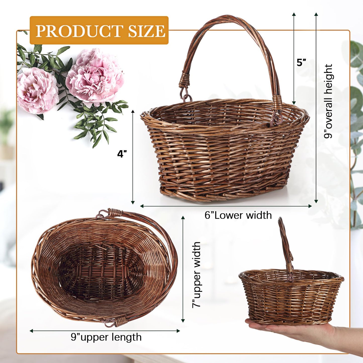 Barydat Small Wicker Basket with Handle Flower Girl Baskets Oval Willow Woven Braided Gift Basket for Weddings Picnic Baby Shower Home Garden Decor(6 Pcs,Brown,9" x 7" x 4")