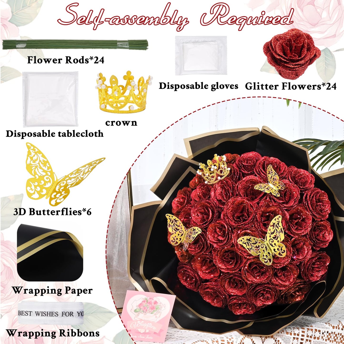 Waipfaru Glitter Roses Bouquet, DIY Fake Flowers Bouquet, Birthday Gifts for Women Mom, 24 Pcs Red Rose for Grandma Wife Girlfriend Valentines, Mothers Day, Anniversary, Graduation
