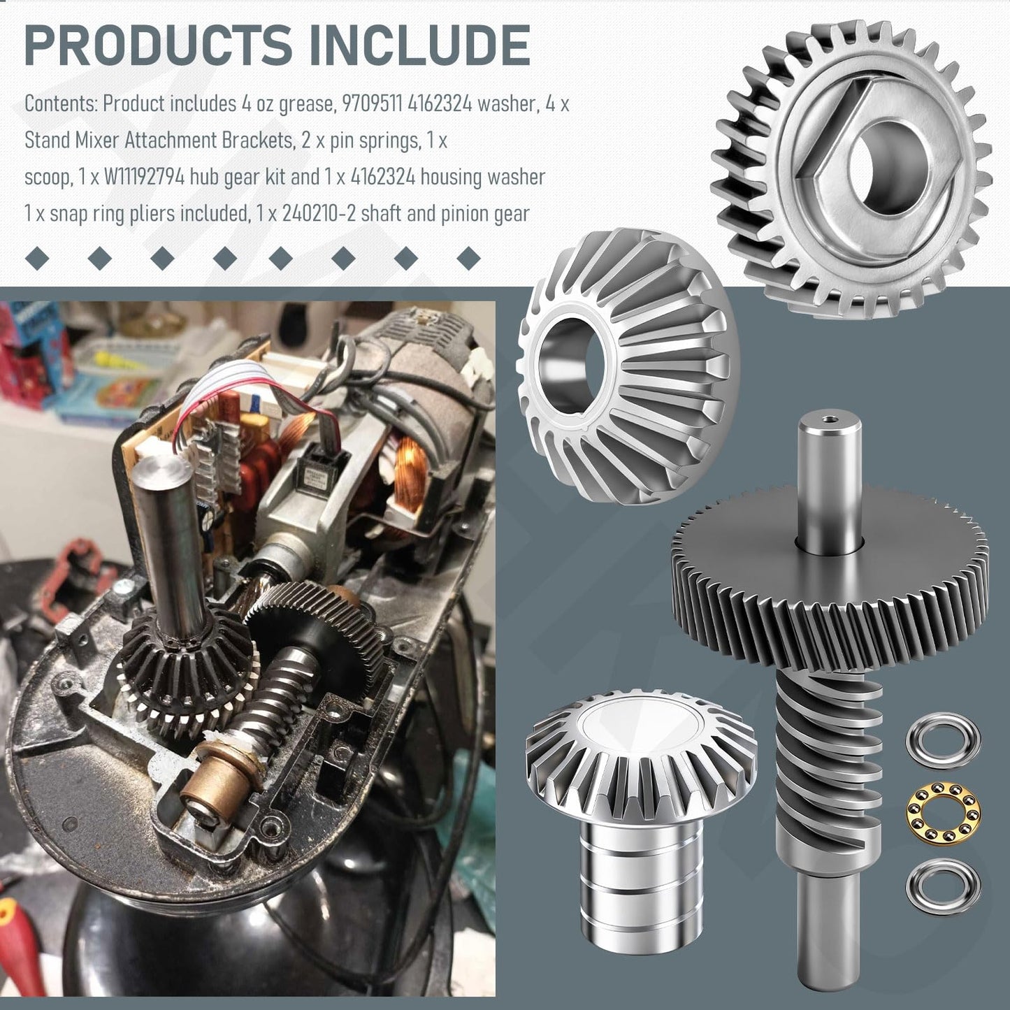 Worm Gear Kit for KitchenAid/Whirl-pool 5QT & 6QT Stand Mixer, Replaces 9706529 9709511 9703337 9709231, Contain 4 Oz Food Grade Grease, Mixer Attachment Holders, Pasta Attachment Shear Shaft Coupler