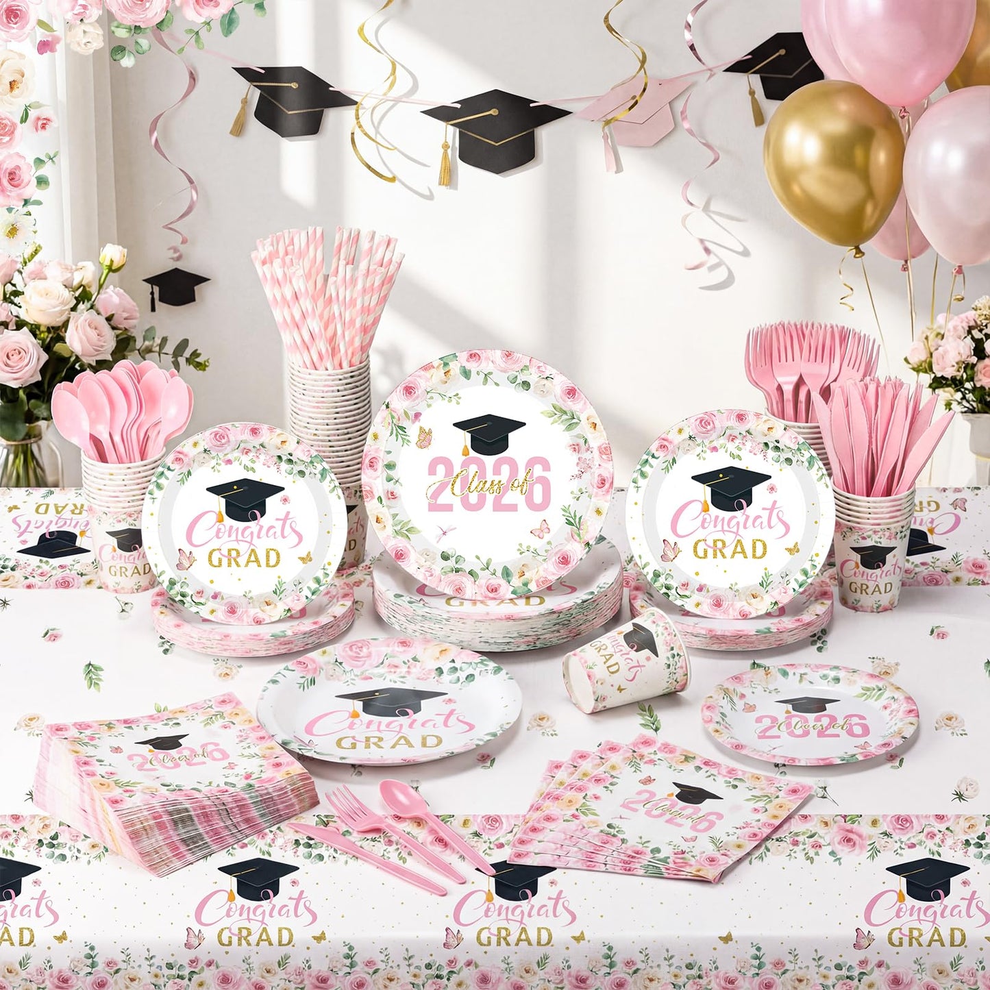 Funnymoom 452 Pcs Pink Floral Graduation Decoration Girl for 50 Guests, Class of 2026 Floral Graduation Paper Plates Napkins Cups Tablecloth Cutlery Straws for 2026 Congrats Grad Party Supplies