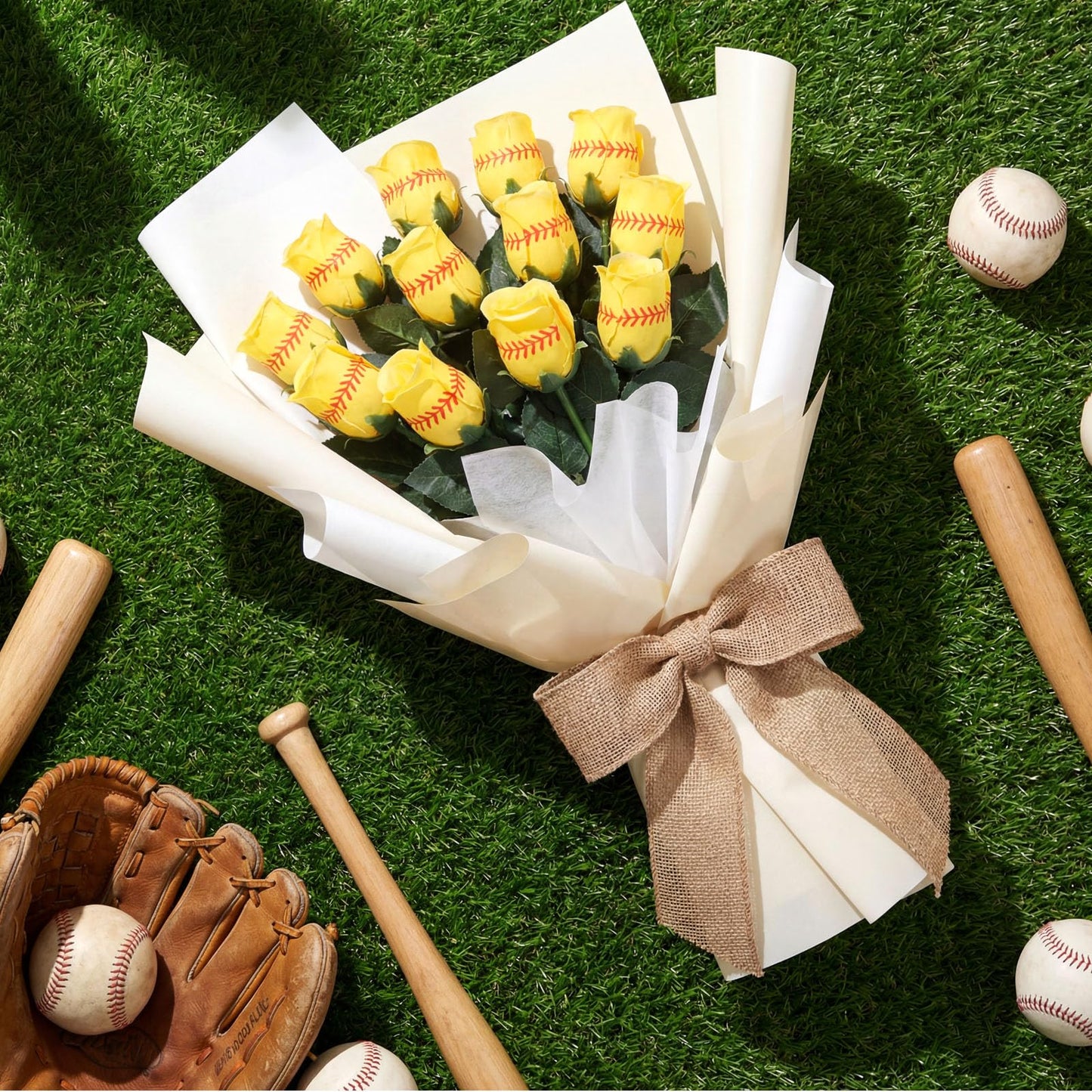 Hotop 12 Pcs Softball Roses with Leaves Artificial Yellow Rose Bouquet for Softball Team Senior Fans Coach Gift Sports Theme Graduation Wedding Party Decoration