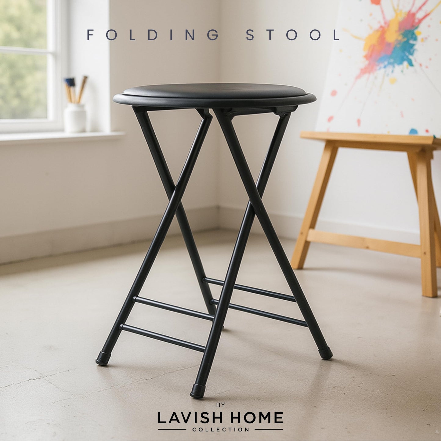 Lavish Home Backless Folding Stool with 225lb Capacity for Kitchen or Rec Room - Portable Indoor Counter Bar Stools (24-Inch, Black)