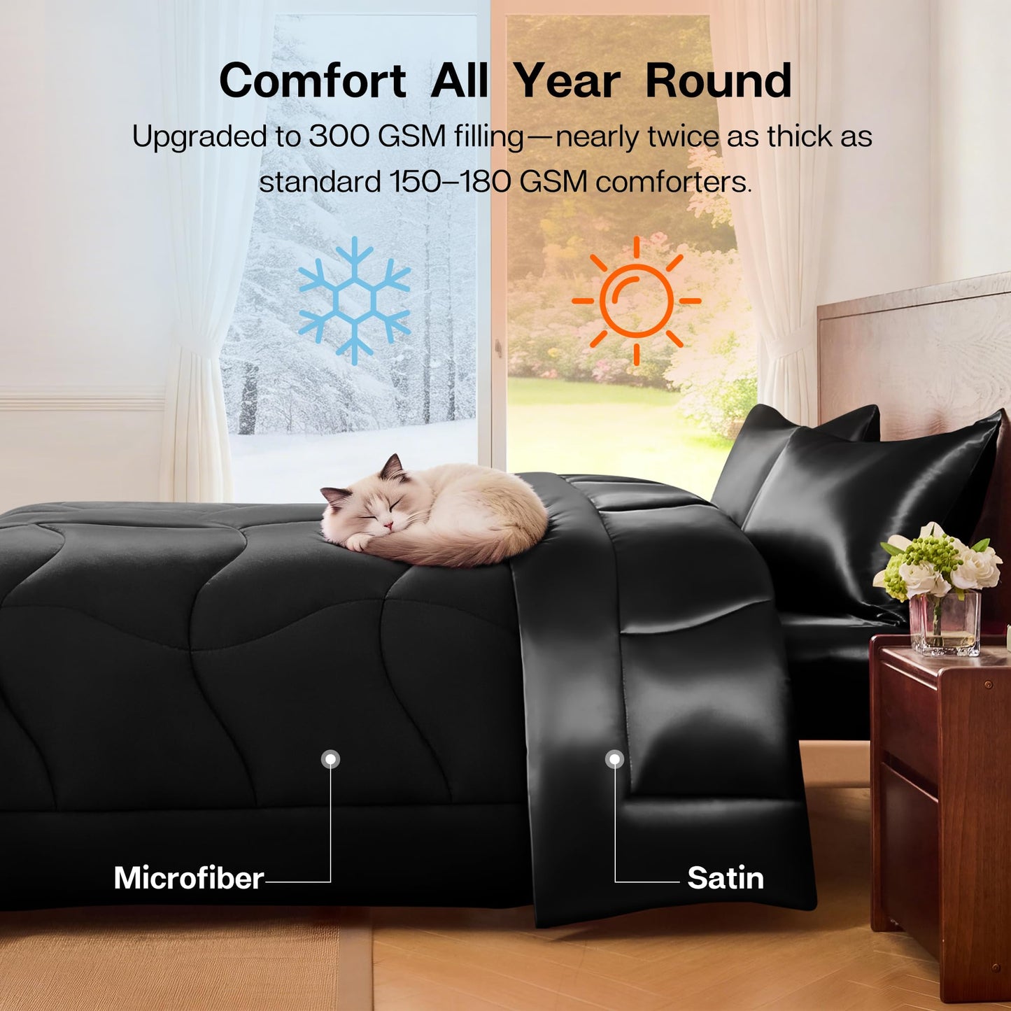 MR&HM Queen Comforter Set Black, Reversible Satin Microfiber Comforter Set for All Seasons, 3 Pieces Non-Slip Silky Soft Bedding Sets with 1 Comforter (90"x90") and 2 Pillowcases (20"x26")