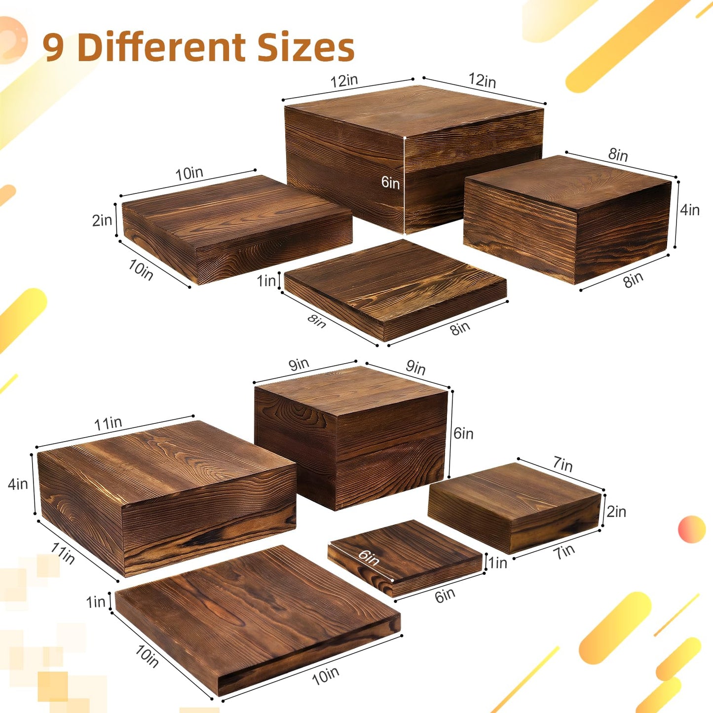 LEIFEOSH 9 Pack Wooden Risers Display Stands Square Food Risers for Buffet Party Rustic Wood Cake & Cupcake Stands Nesting Box Wooden Crates for Display (9, Brown)