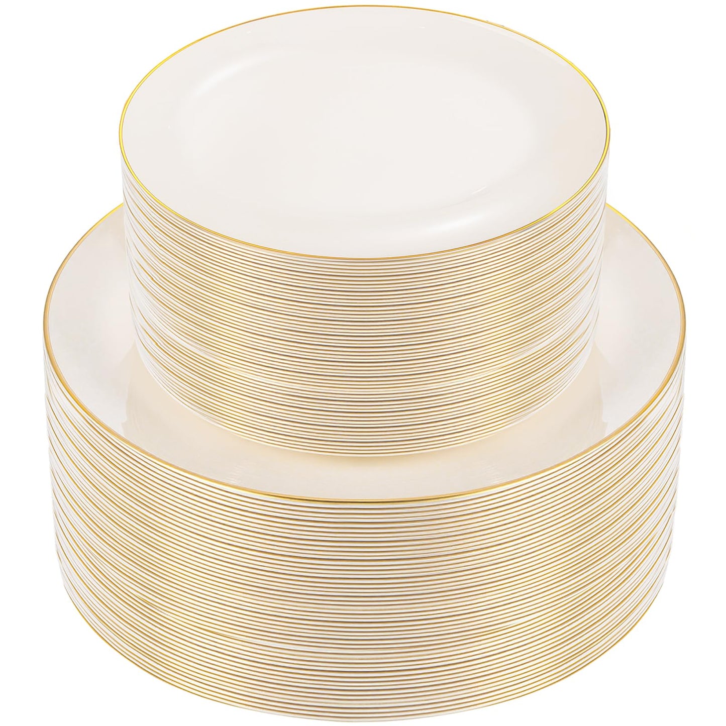 bUCLA 100PCS Ivory Plastic Plates with Gold Rim - Heavy Duty Cream Disposable Include 50 Dinner 10 inch & 50 Dessert 7 inch, for Party & Wedding