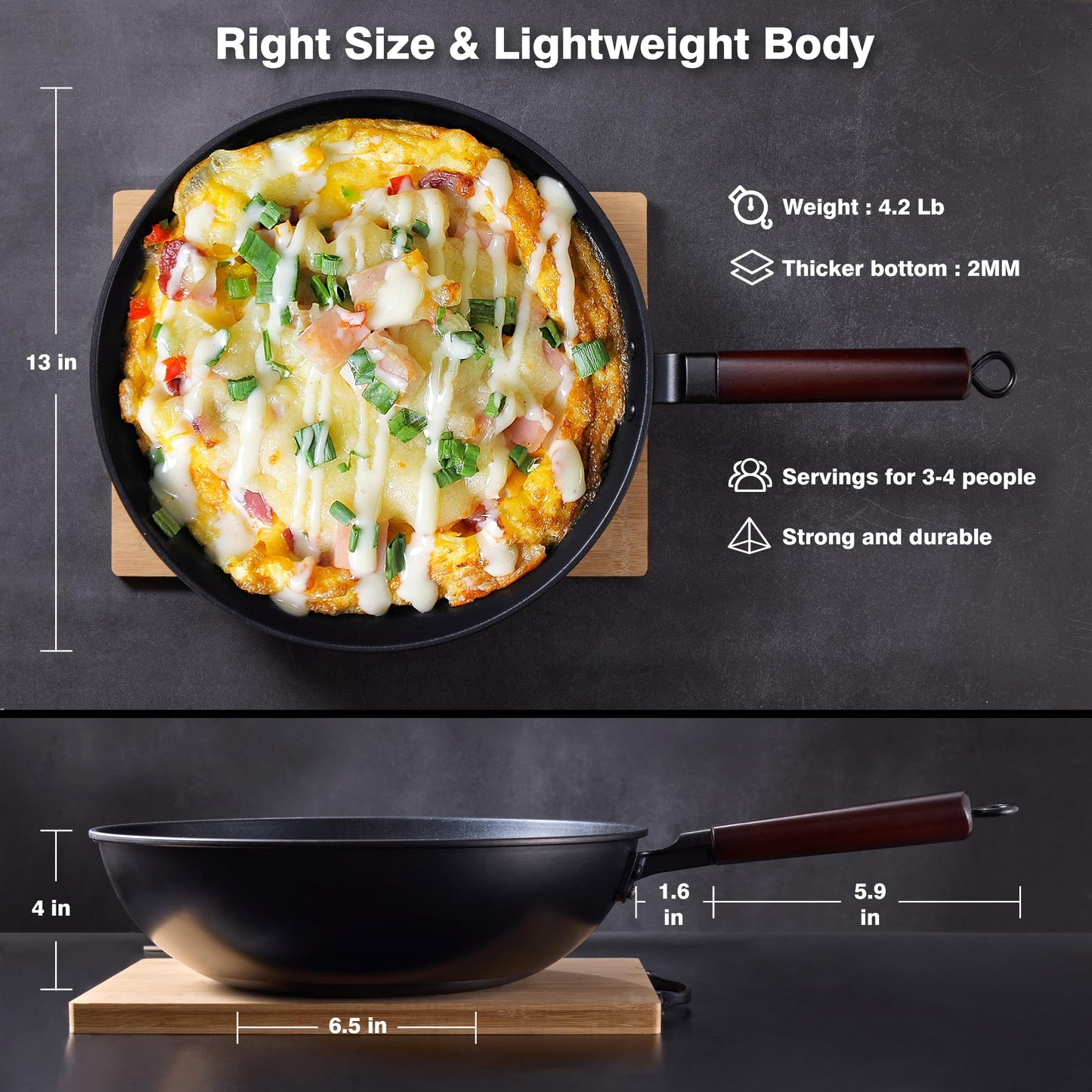 Teewe Carbon Steel Wok -13 Inch Woks & Stir-fry Pans Nonstick, Wok Pan with Glass Lid Spatula and Dish Brush: Pre-Seasoned Flat Bottom Chinese Wok for Induction, Electric, Gas, All Stoves