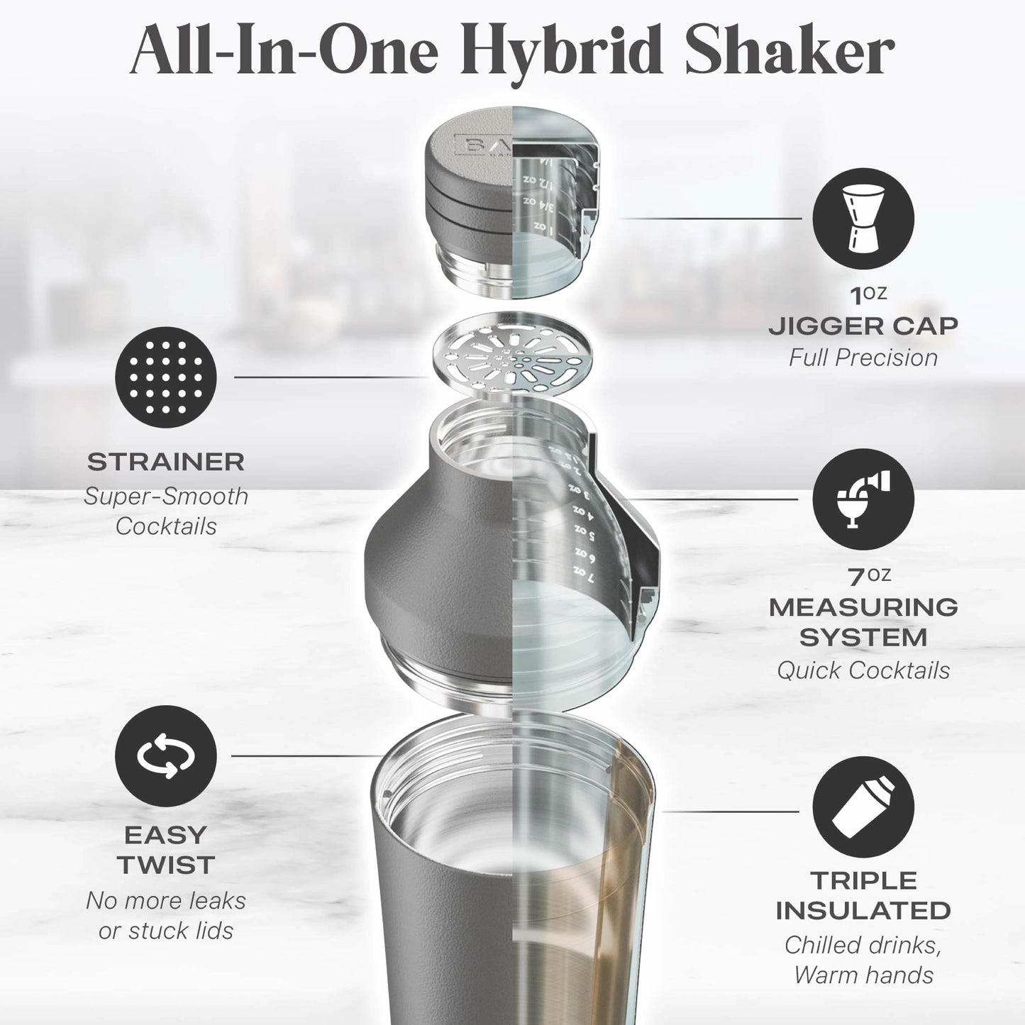 BARE BARREL Insulated Cocktail Shaker Set | Double Wall Stainless Steel | Martini Shaker for Home Bar Bartending | Built-in Drink Measure System & Strainer, Travel Bag, Recipes | Gift Set (Dark Black)