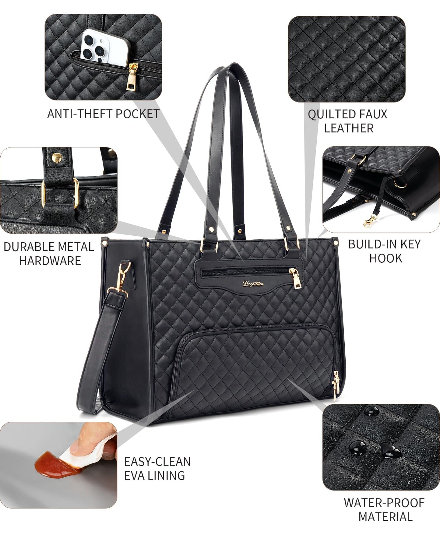Bagstellar Lunch Tote Bag for Women, 15.6 Inch Laptop Work Bag with Insulated Lunch Box Compartment & Purse Large Capacity Quilted Computer Handbag for Office Business Work Nurse Teacher Travel Casual