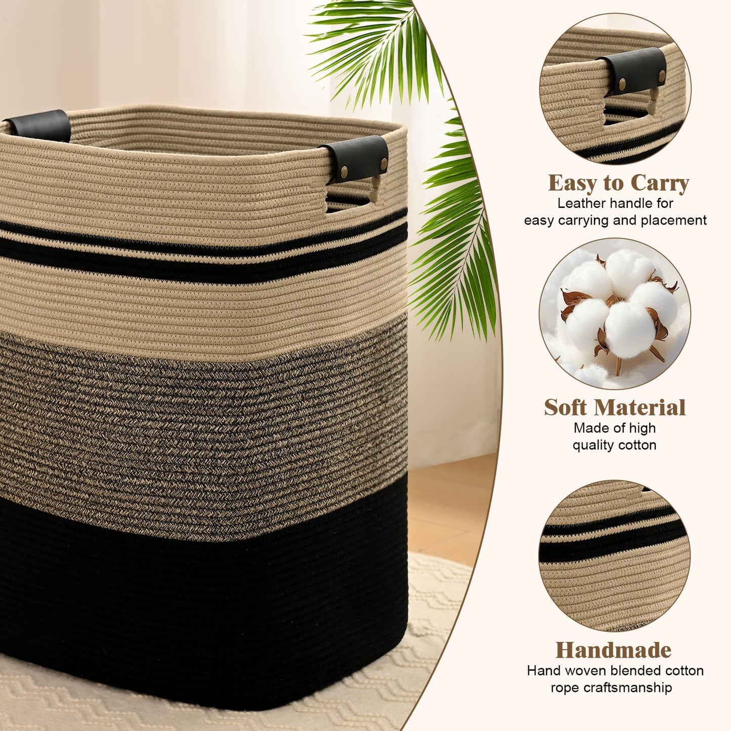 Degeyoyo Laundry Hamper, 85L Tall Laundry Basket with Leather Handles, Rectangle Large Clothes Hamper for Organizing, Cotton Woven Laundry Baskets Storage Hampers for Bedroom, Nursery, Living Room