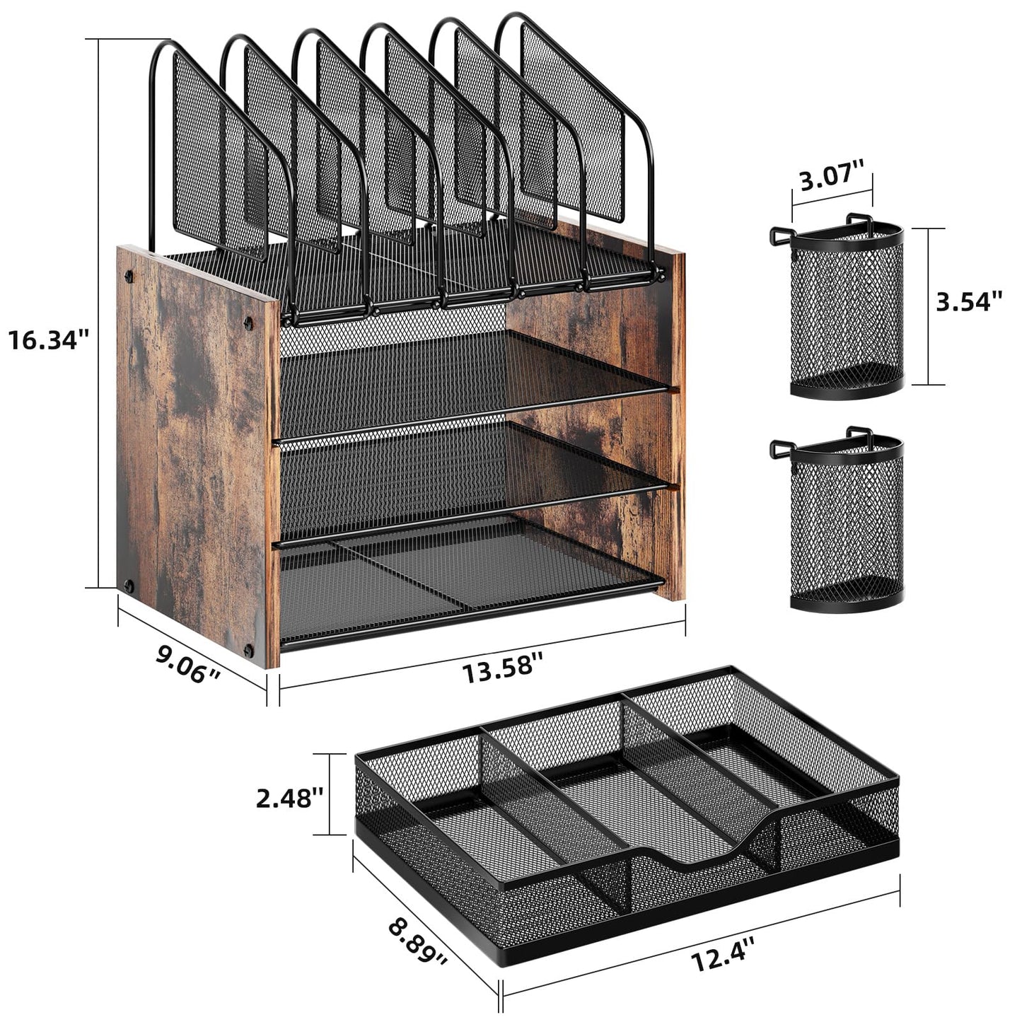 Marbrasse Desk Organizer with Drawer, 4-Tier Wooden File Organizer with 5 Vertical File Holders and 2 Pen Holders, Desk Organizers and Accessories for Home Office - Dark Brown
