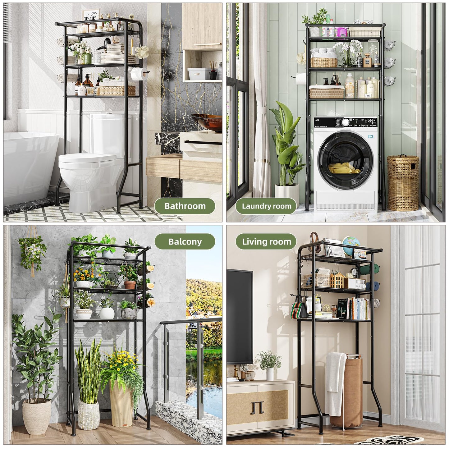Simple Trending Over The Toilet Storage Cabinet, Metal Bathroom Shelf Organizer with Paper Holder and Hooks, 3 Tier, Black