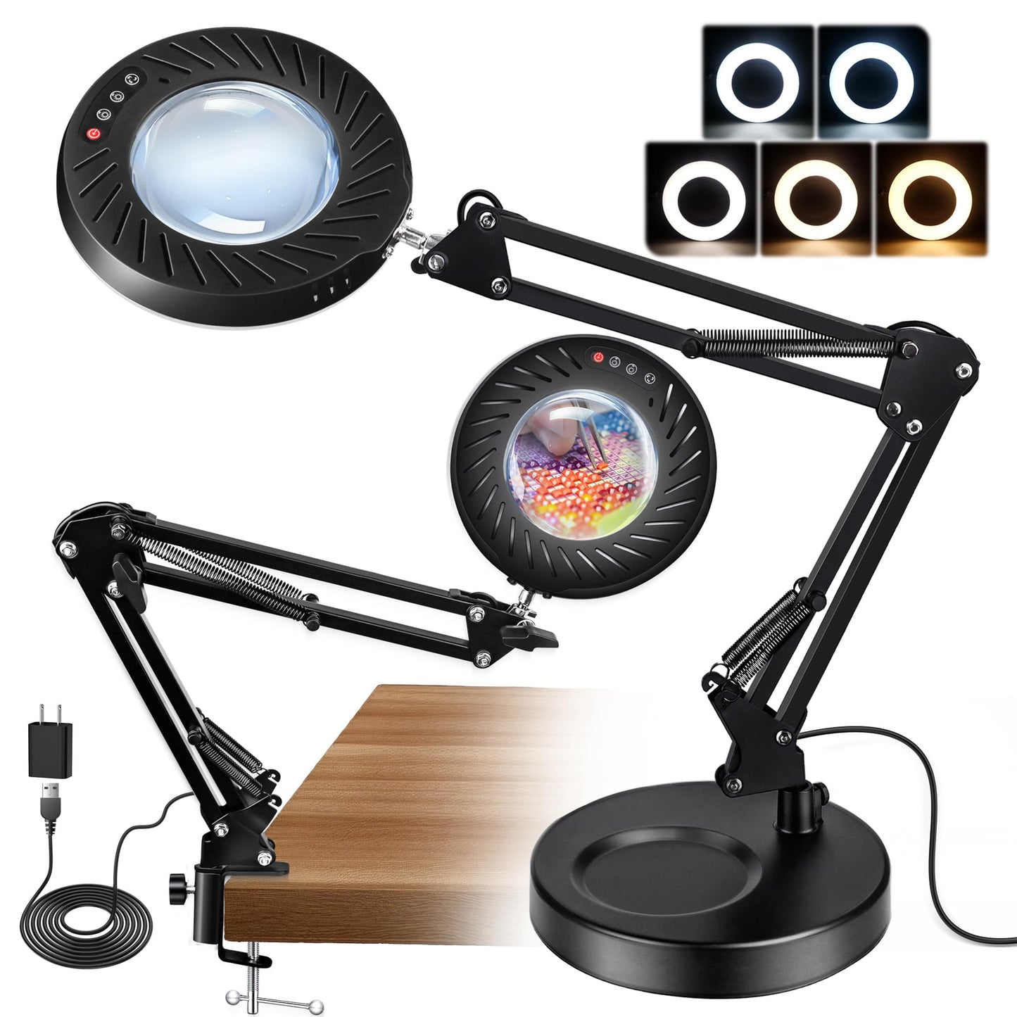 Akynite 12X Magnifying Glass with Light and Stand, 144 LED Real Glass Magnifying Desk Lamp with Base and Clamp, 5 Color Modes 9-Level Dimmable Lighted Magnifier Hands Free for Crafts Sewing Close Work