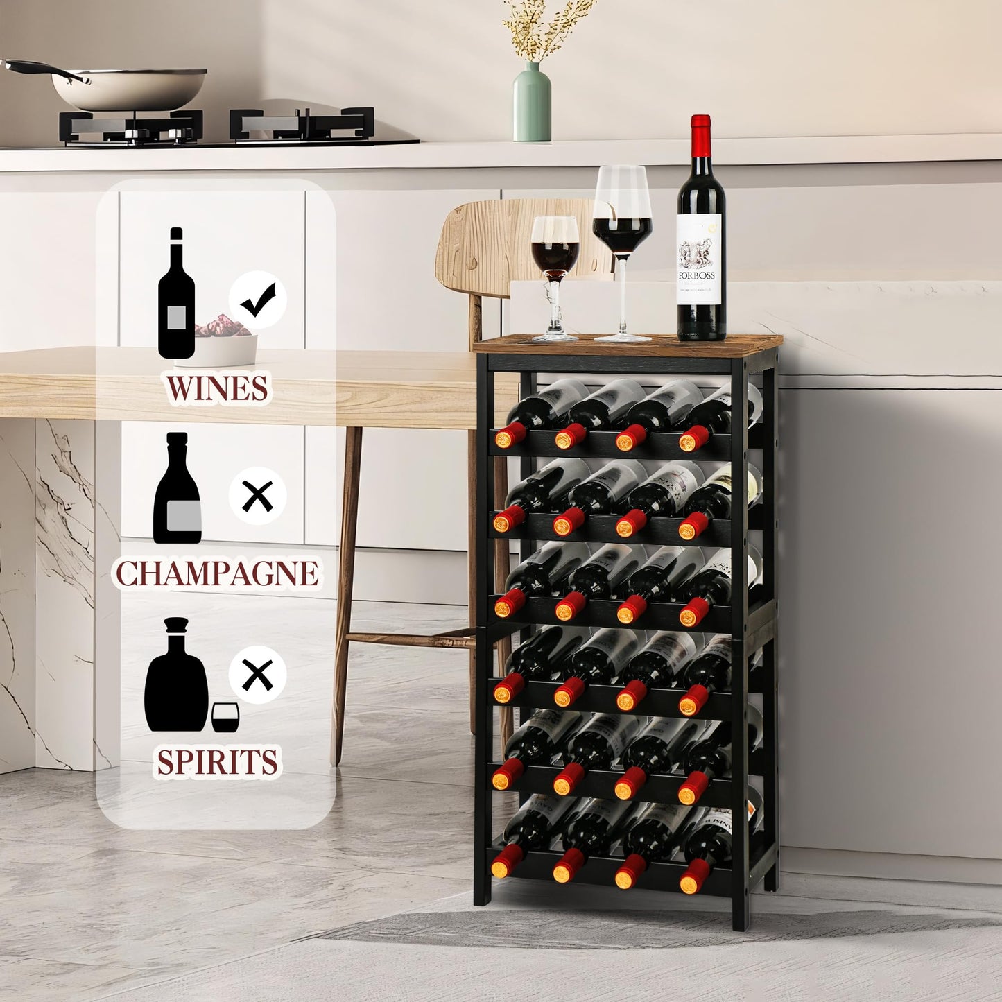 VASMIA Wine Rack Freestanding Floor, 6 Tier Bamboo Wine Storage Shelves with Table Top, 24-Botttle Wine Rack Shelf for Kitchen Bar Dining Room Living Room, Rustic Brown and Black