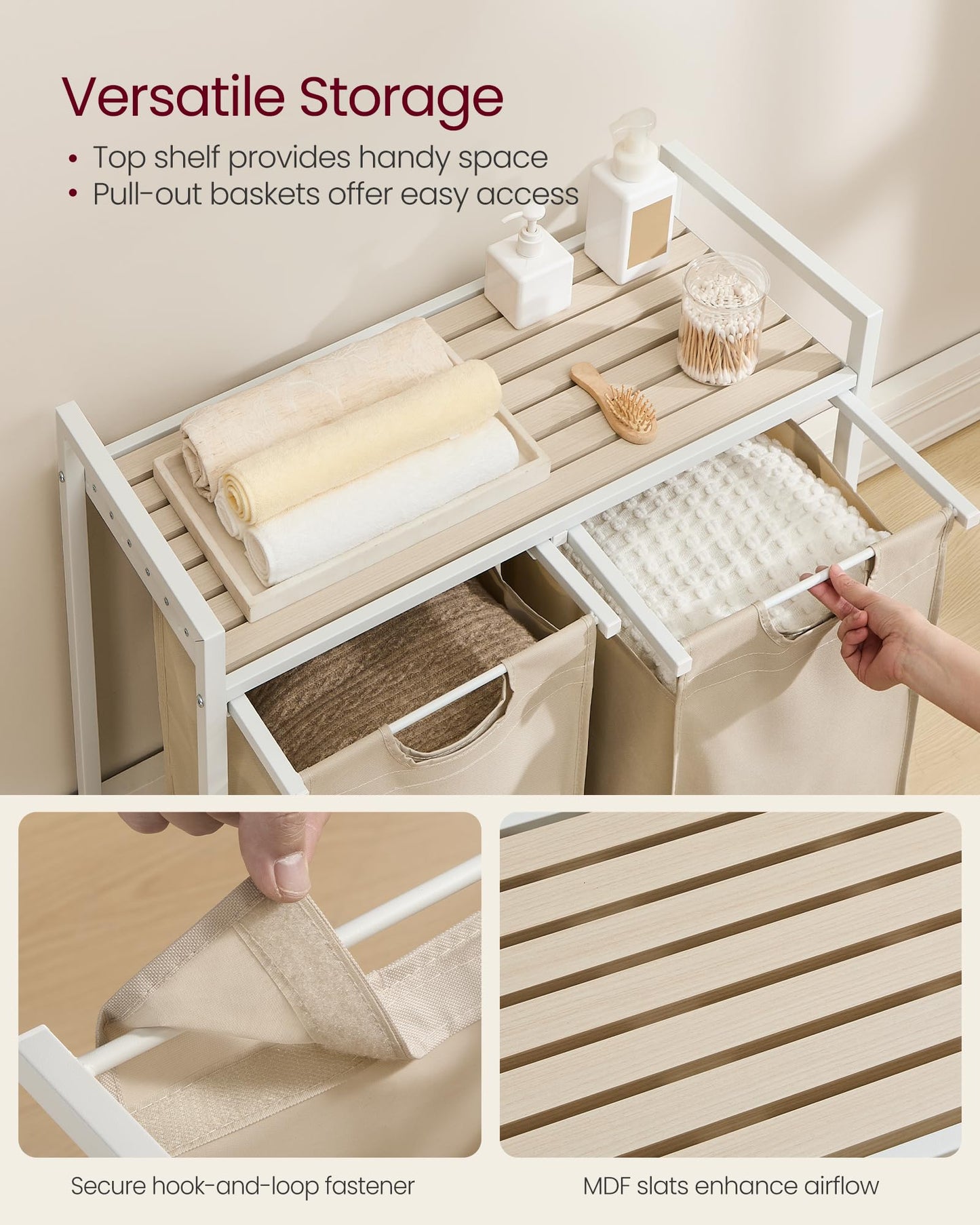 VASAGLE Laundry Hamper, Laundry Basket Sorter with 2 Pull-Out and Removable Bags, Shelf, Metal Frame, 2 x 12.1 Gallons (46 L), 28.8 x 13 x 28.4 Inches, Cappuccino Beige and Natural Beige UBLH201LH01