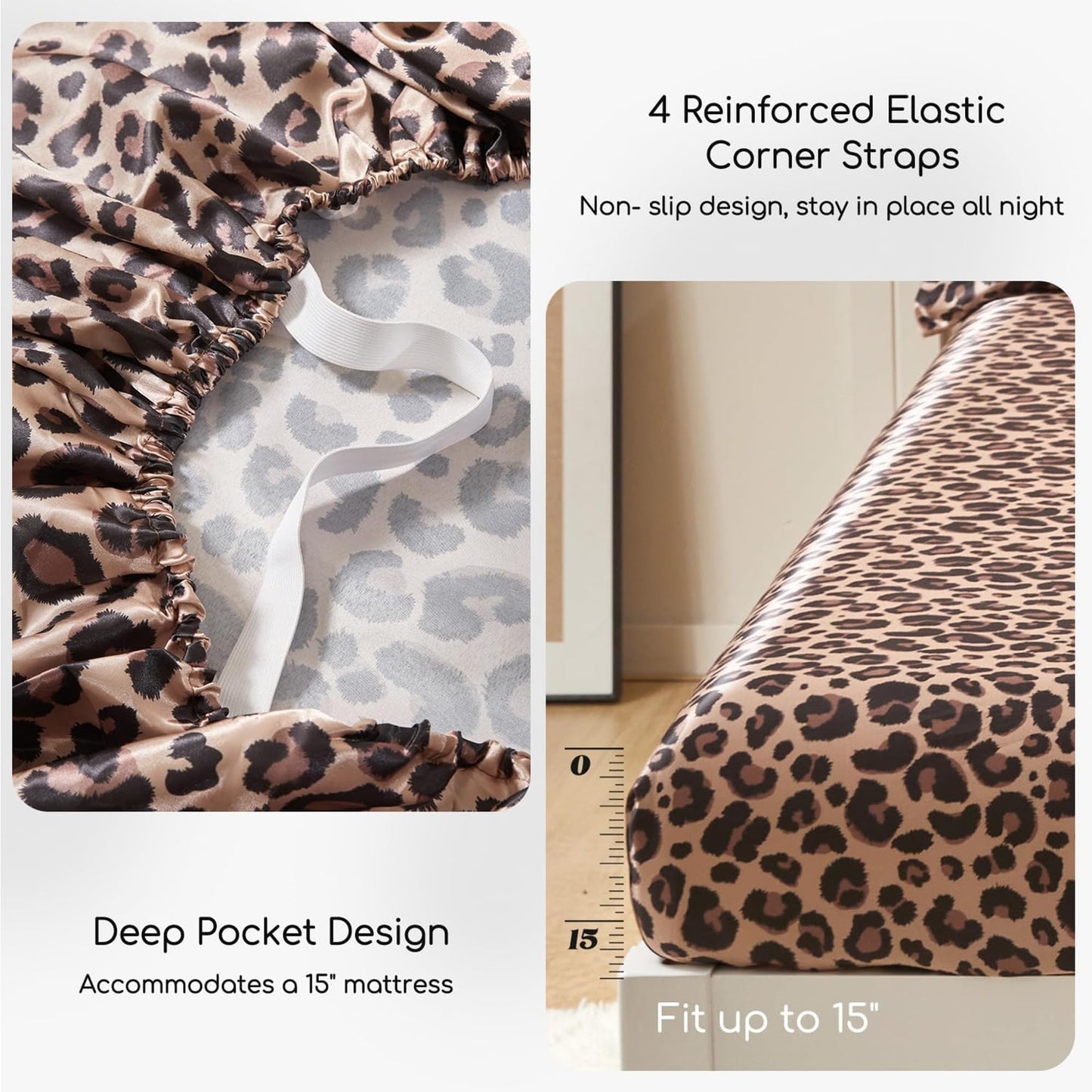 MR&HM Satin Bed Sheets with Elastic Corner Straps, King Size Sheets Set, 6 Pcs Silky Bedding Set with 15 Inches Deep Pocket for Mattress (King, Brown Leopard)