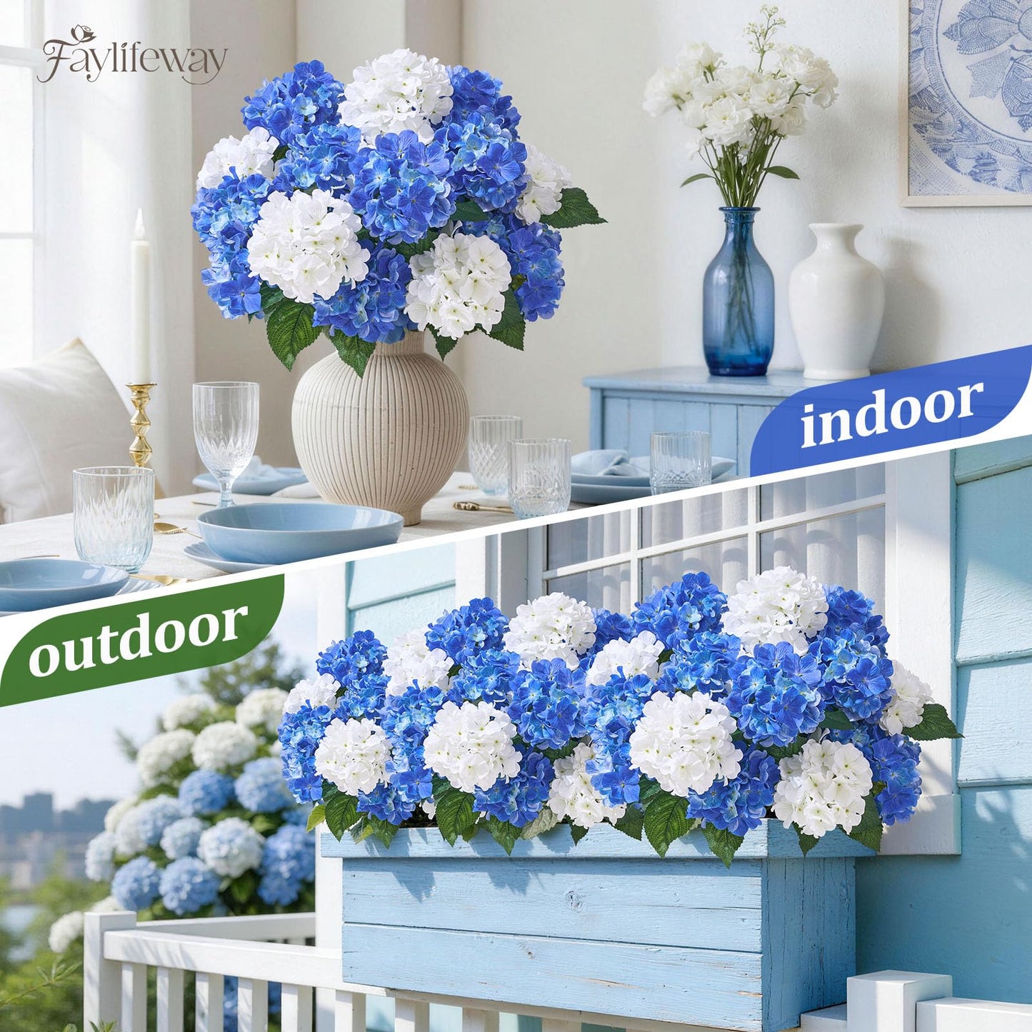 Faylifeway 12 Heads Artificial Flowers for Outdoors, UV Resistant Faux Hydrangea Flowers for Outdoor Planters Front Porch Garden Window Box Patio Decor （White&Blue）