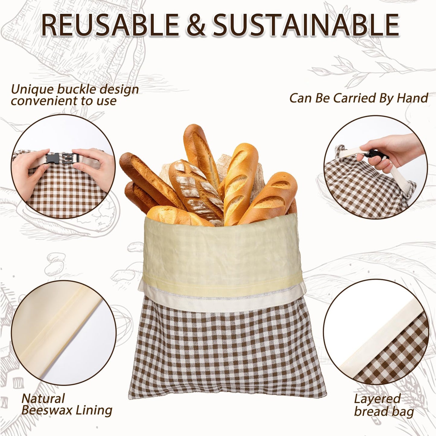 LURKA Beeswax Bread Bags, Reusable Cotton Linen Storage Bags for Sourdough, Extra Large, 2 Pack (B Style)