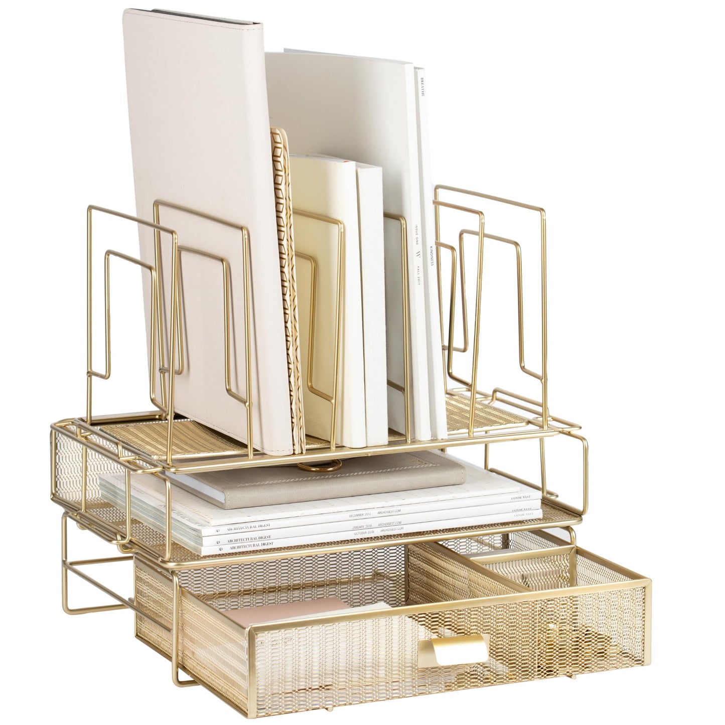 BLU MONACO | Gold Desk Organizer Set with Detachable File Organizer, Stackable Paper Tray & Storage Drawer | Stylish Gold Desk Accessories for Women & Office Organization