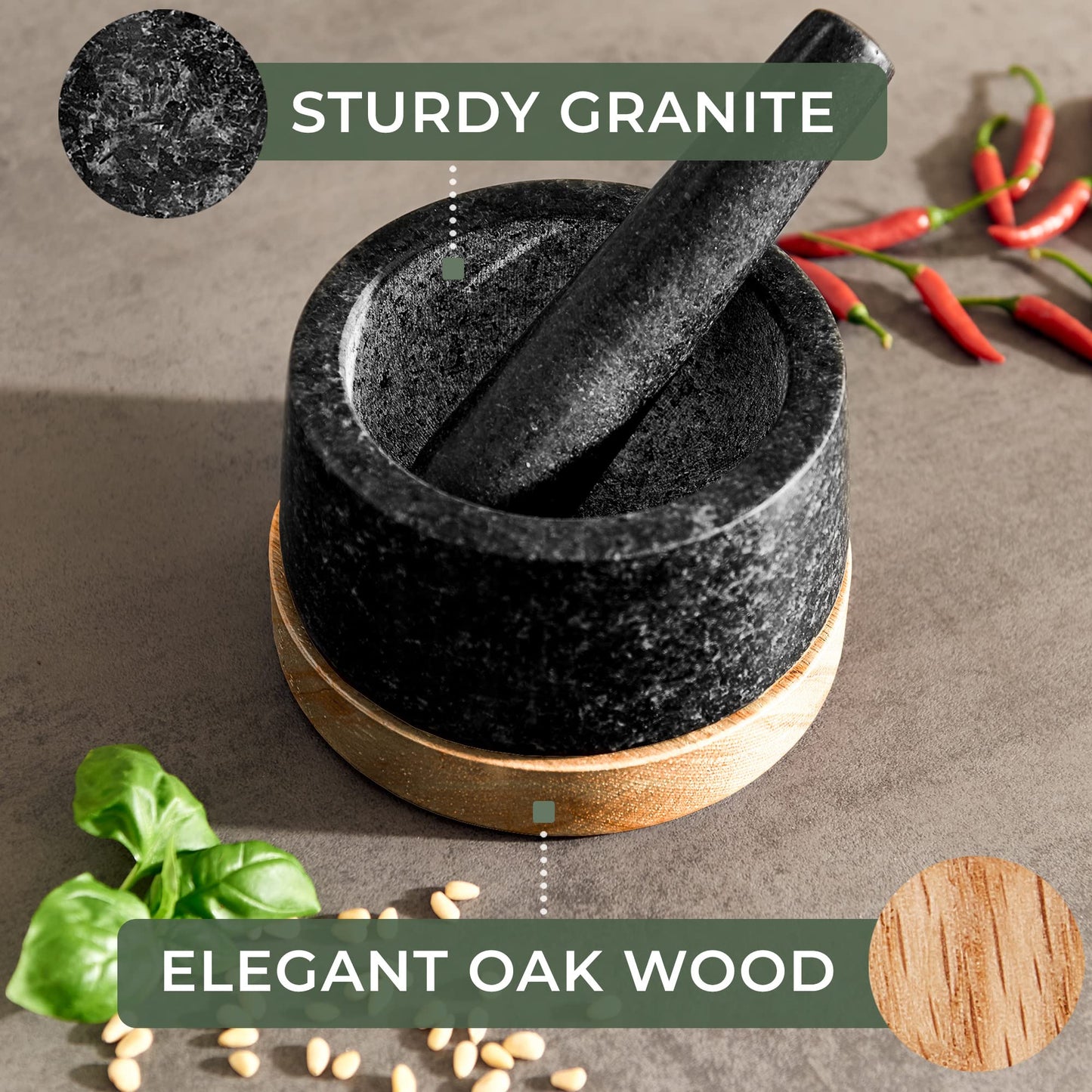 WALDWERK Mortar and Pestle - Mortar and Pestle Set with Anti-Scratch Wood Base - Mortar with Extra Large Pestle Out of Natural Granite - Large Mortar and Pestle - Perfect for Guacamole