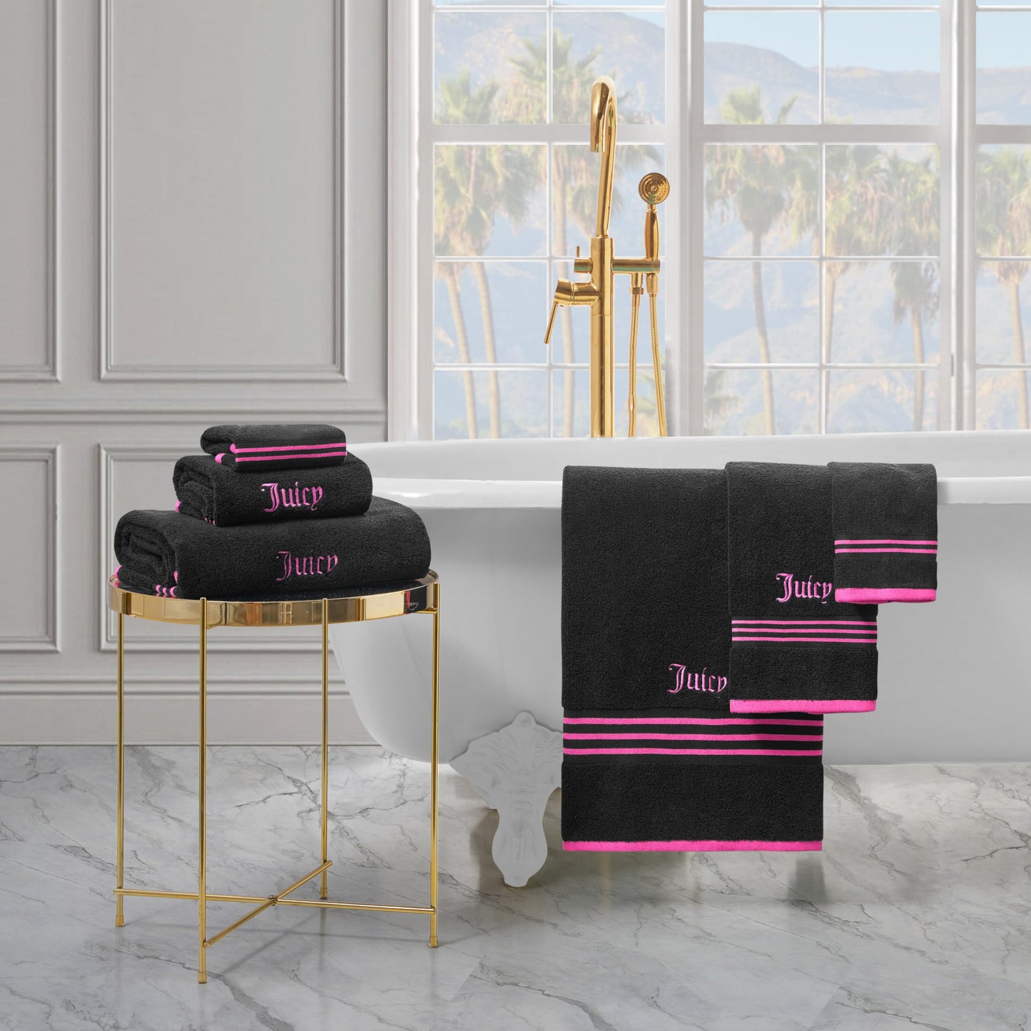 Juicy Couture Black/Hot Pink Border Bath Towels 6-Piece 100% Cotton Bath Towel Set