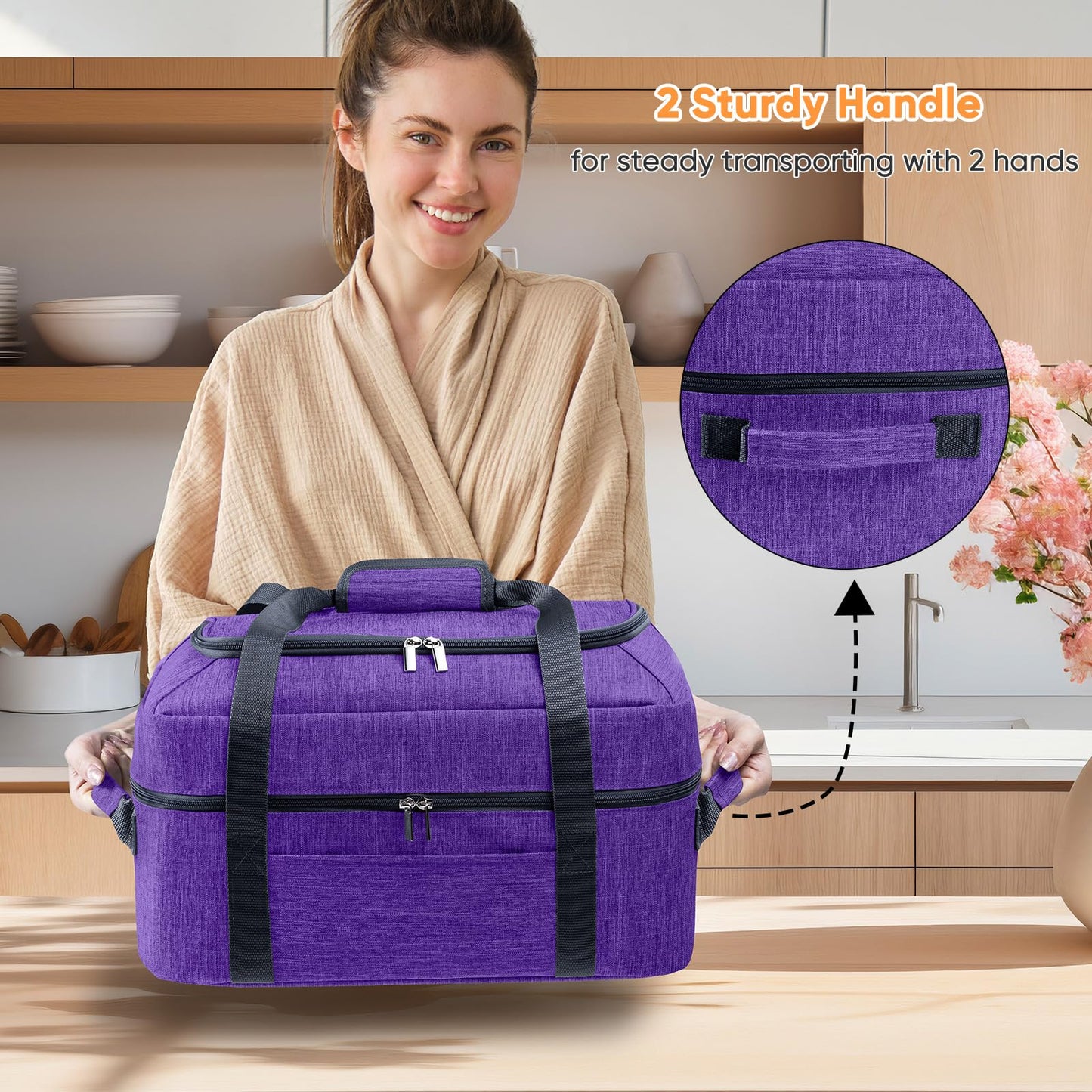 BAGSPRITE Double-Layer Slow Cooker Carrying Bag for 6-8 Quart CrockPot and Hamilton Beach Slow Cooker, Travel Bag with Lid Fastener for Crock-pot, Portable Carrier Case Slow Cooker Bag, Purple